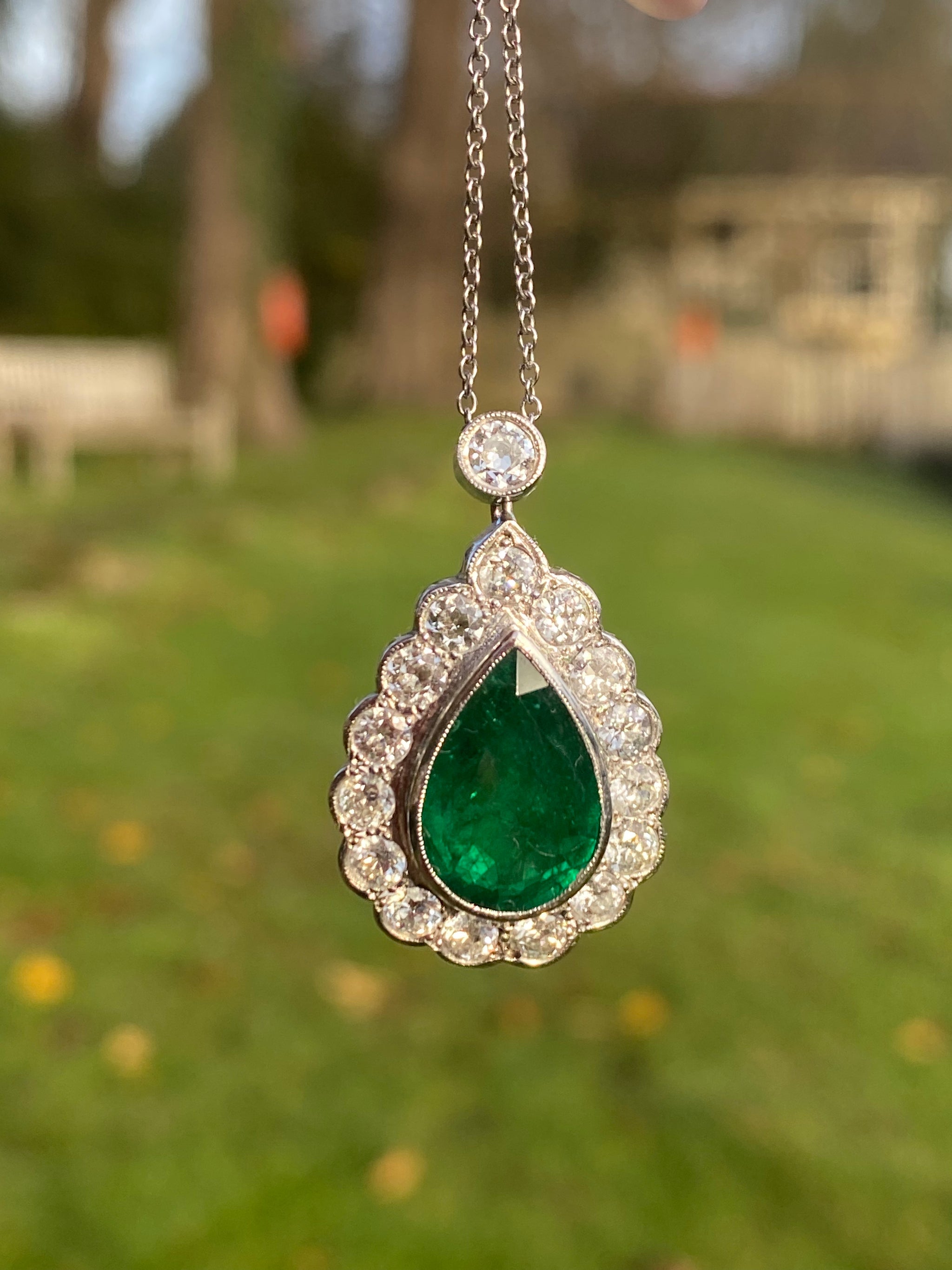 Natural Emerald and Diamond Teardrop Pendant Necklace 18K White Gold Pendant with 18K Chain Tested and Hallmarked