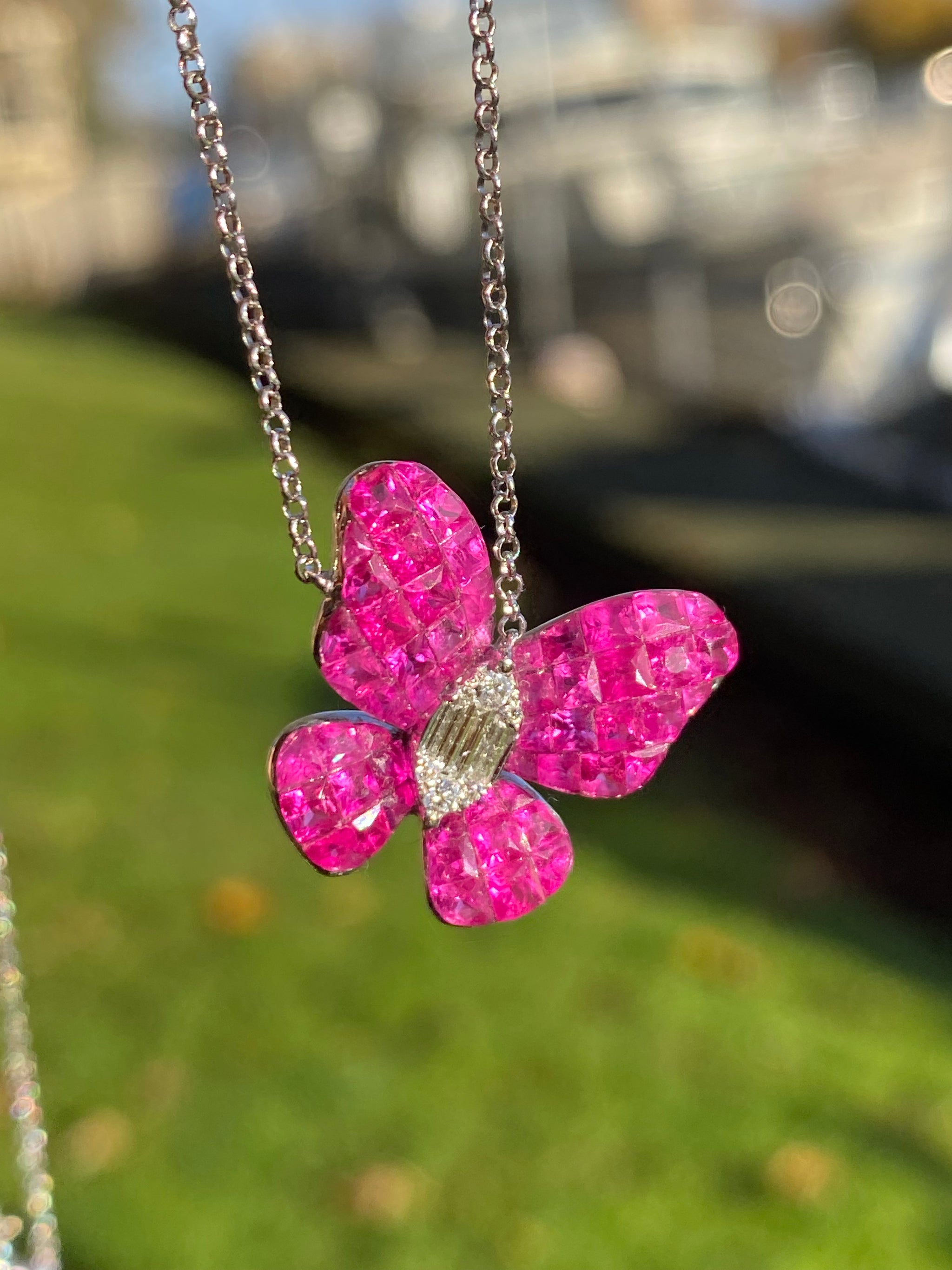18K White Gold Natural Pink Ruby and Diamond Butterfly Pendant Necklace