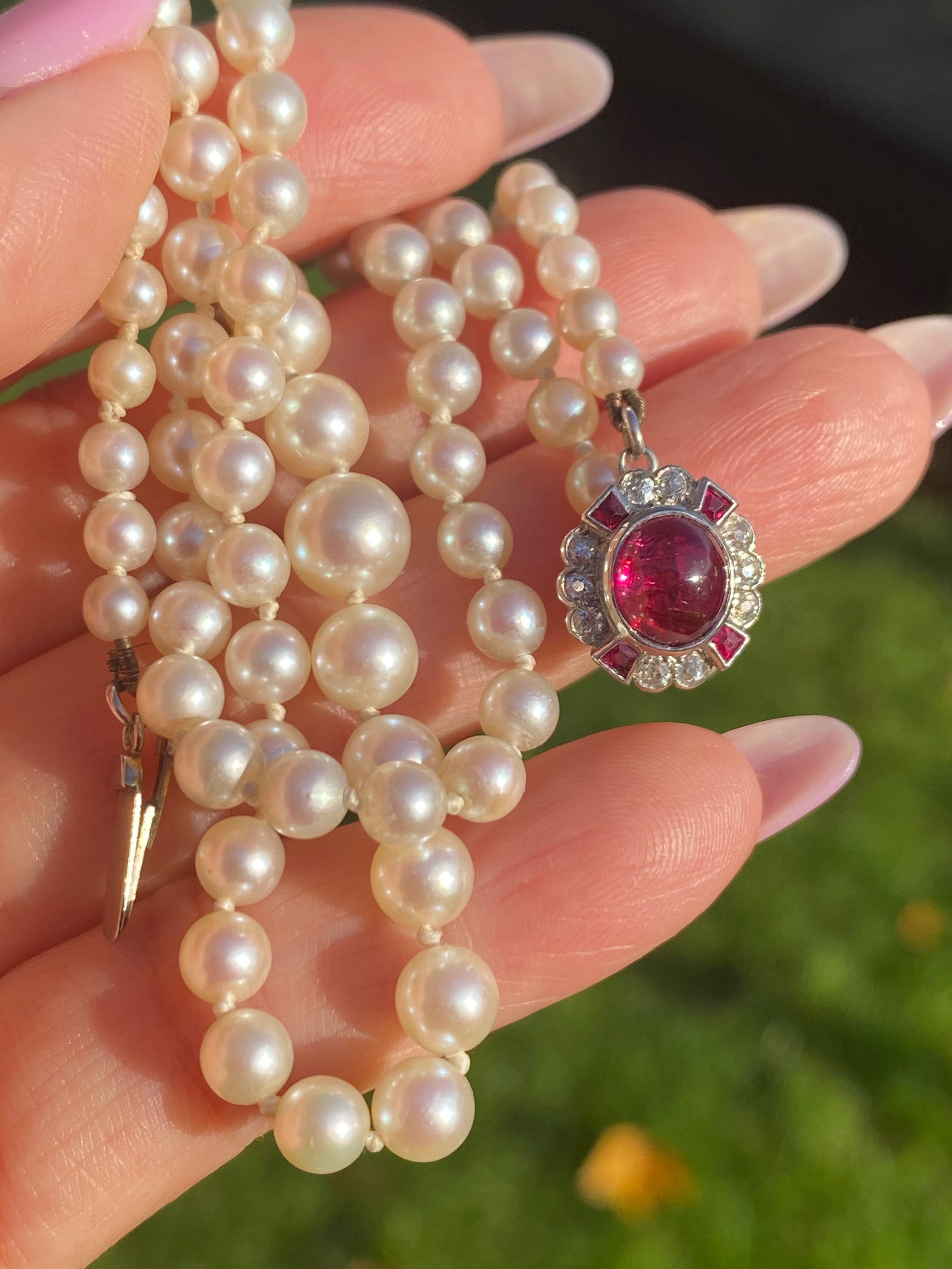 Art Deco Akoya Pearl Necklace | 18K Gold Natural Ruby Cabochon & Diamond Clasp | c.1920s