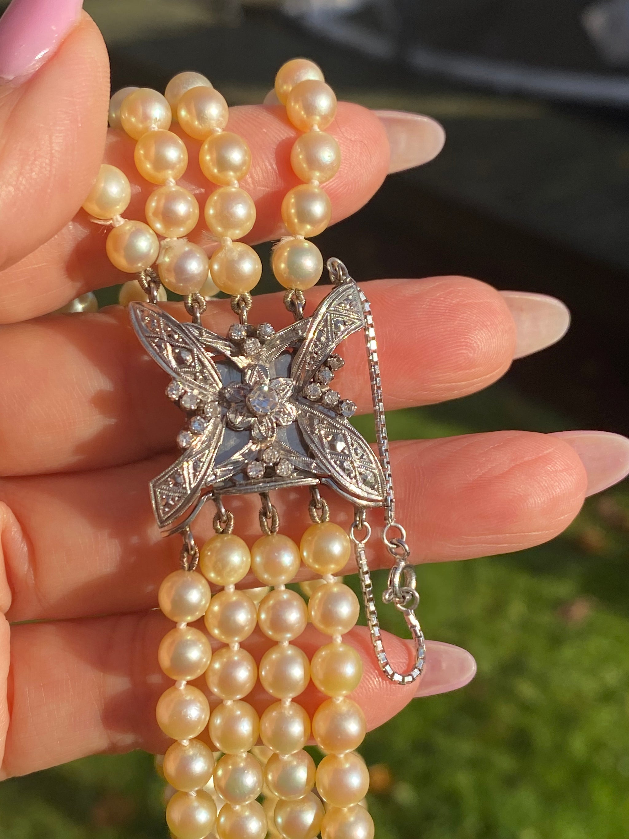 Art Deco Multi-Strand Golden Pearl Necklace | Platinum Diamond Butterfly Clasp | c.1920s