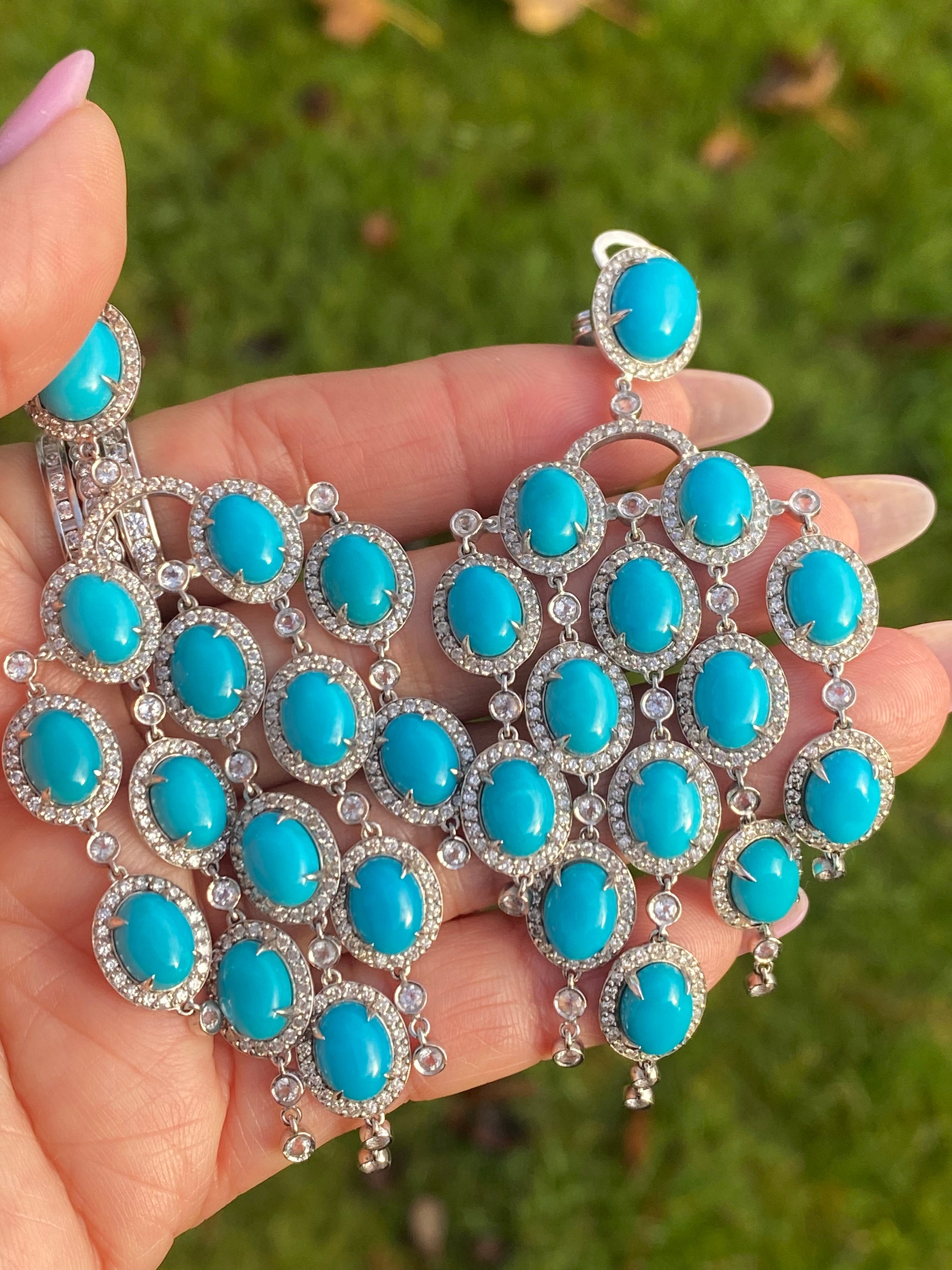 18K White Gold Turquoise & Diamond Statement Chandelier Earrings | G750 | Fine Jewellery