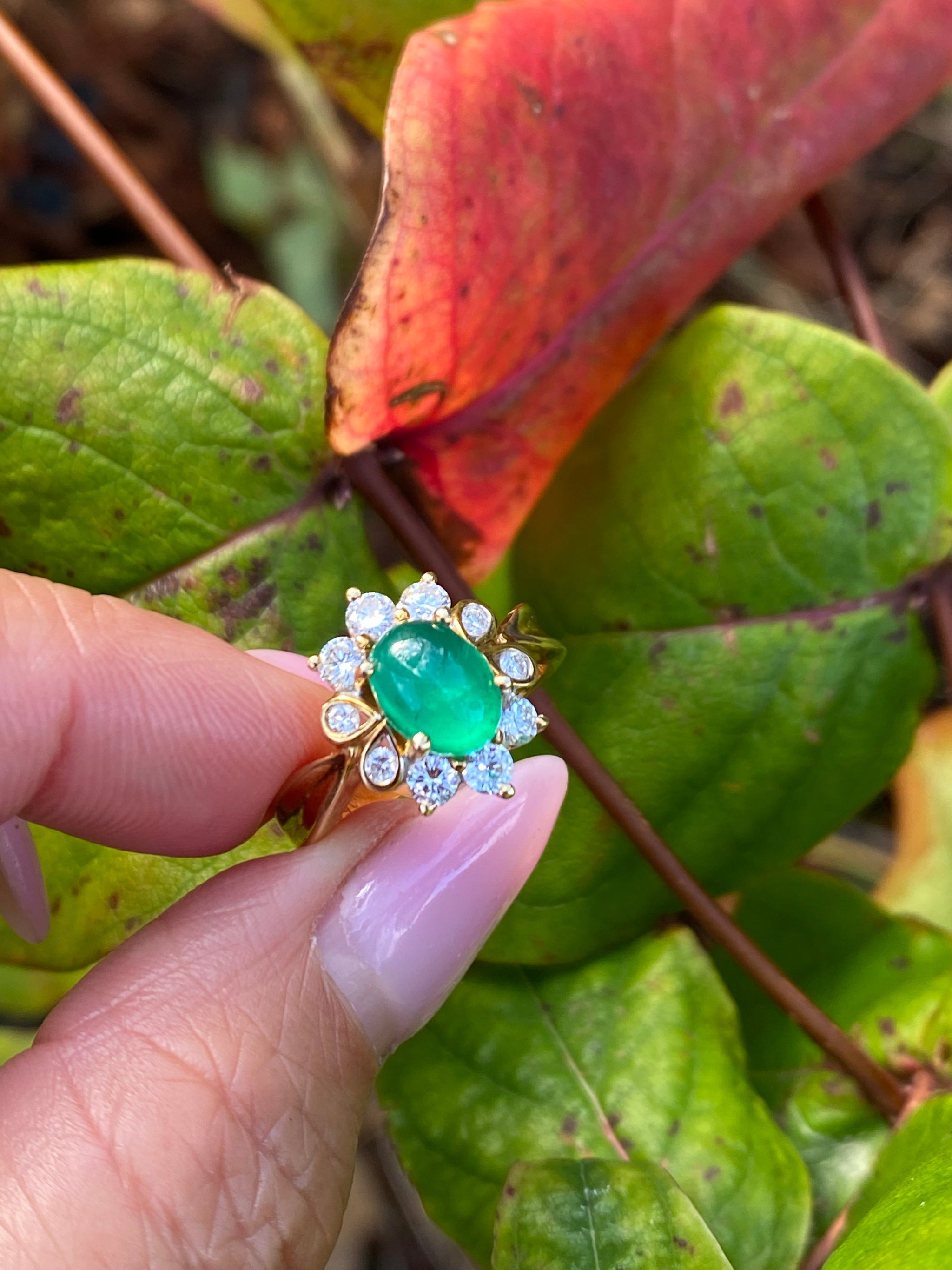 18K Gold Natural Zambia Emerald Cabochon & Diamond Cluster Ring | CTF Marked | Vintage Fine Jewellery