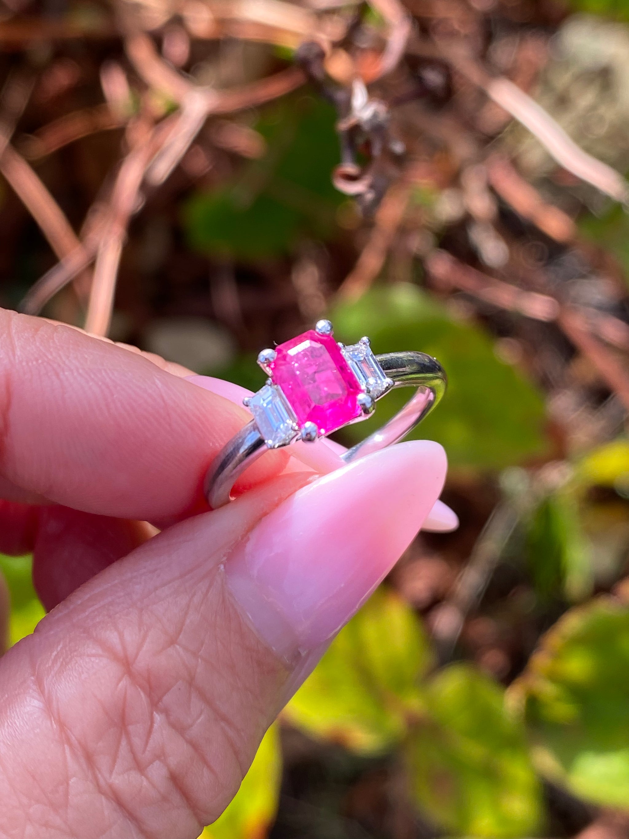 18K White Gold Natural Ruby & Diamond Three-Stone Ring | 1.00ct Ruby | Mozambique | Baguette Diamonds