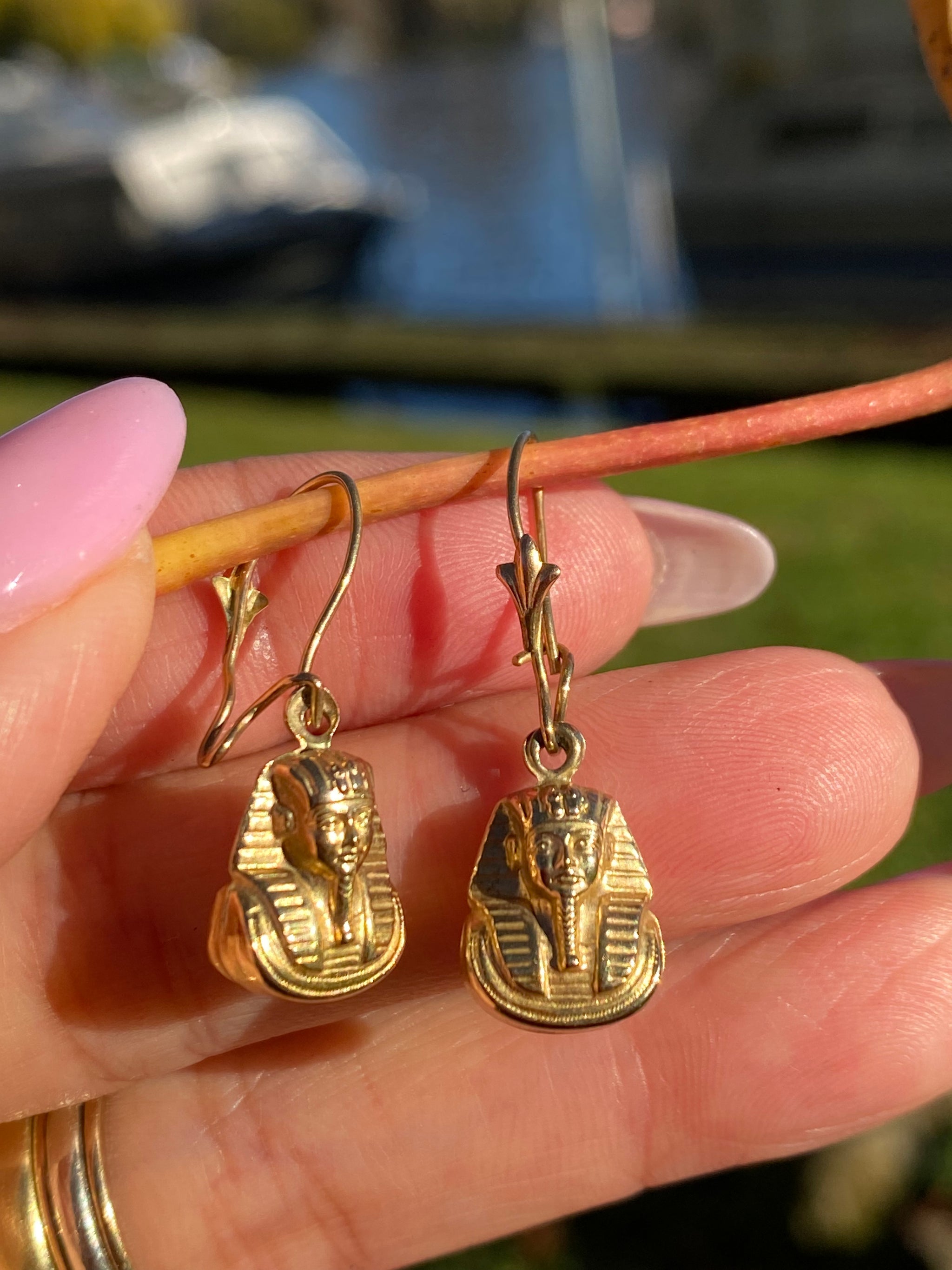 Vintage Solid Gold Pharaoh Drop Earrings | Hollow Construction | Egyptian Revival Style Gold Earrings