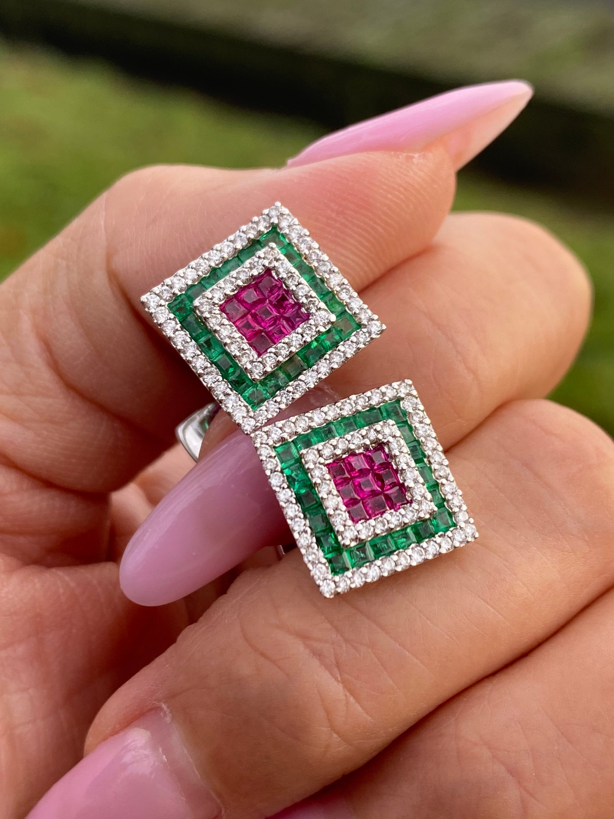 18K White Gold Ruby Emerald & Diamond Cufflinks | Geometric Square Design | Fine Jewellery | Luxury Gentleman’s Accessory