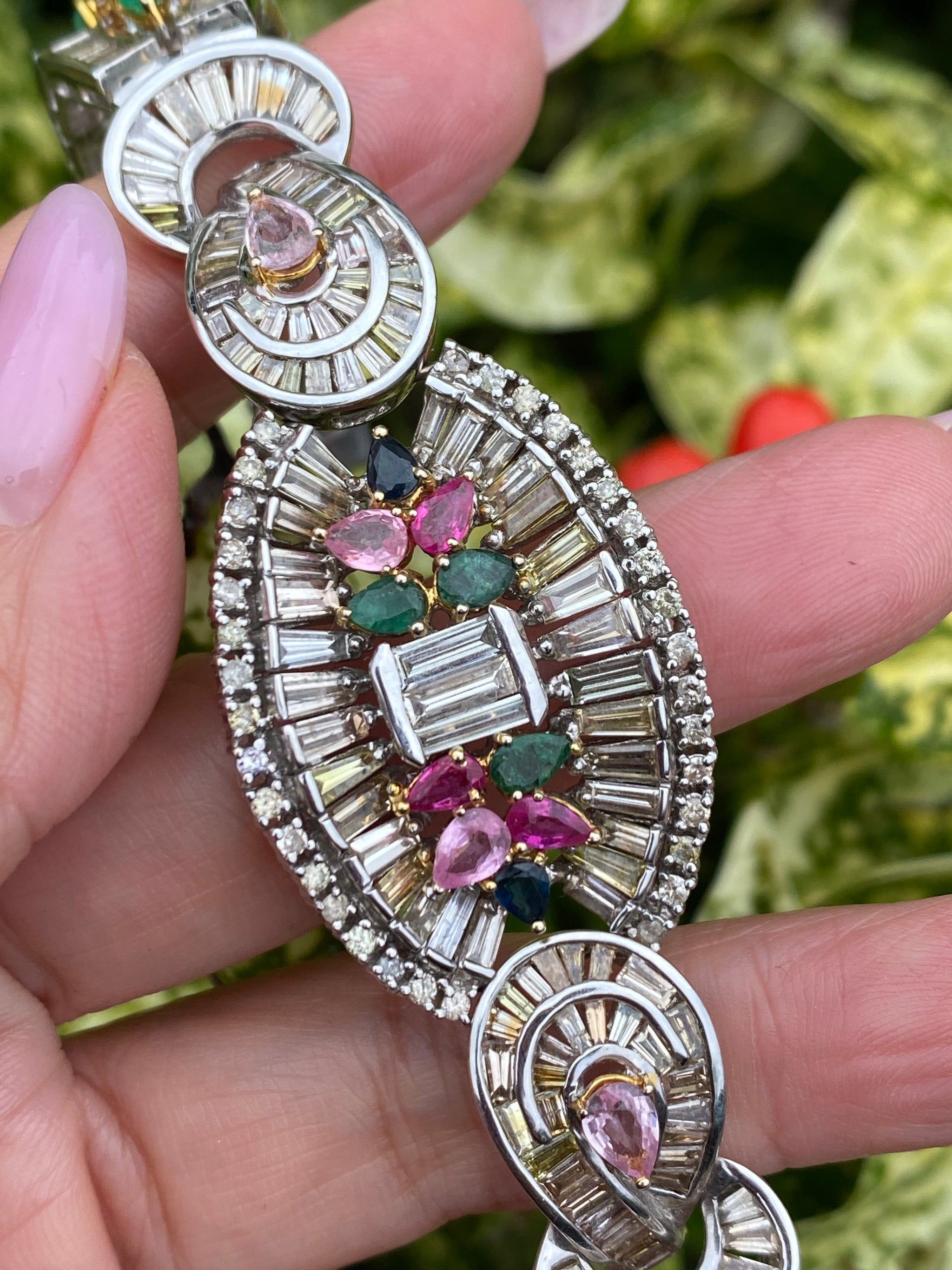 Vintage 18K White Gold Sapphire, Emerald & Diamond Bracelet | WGI Certified