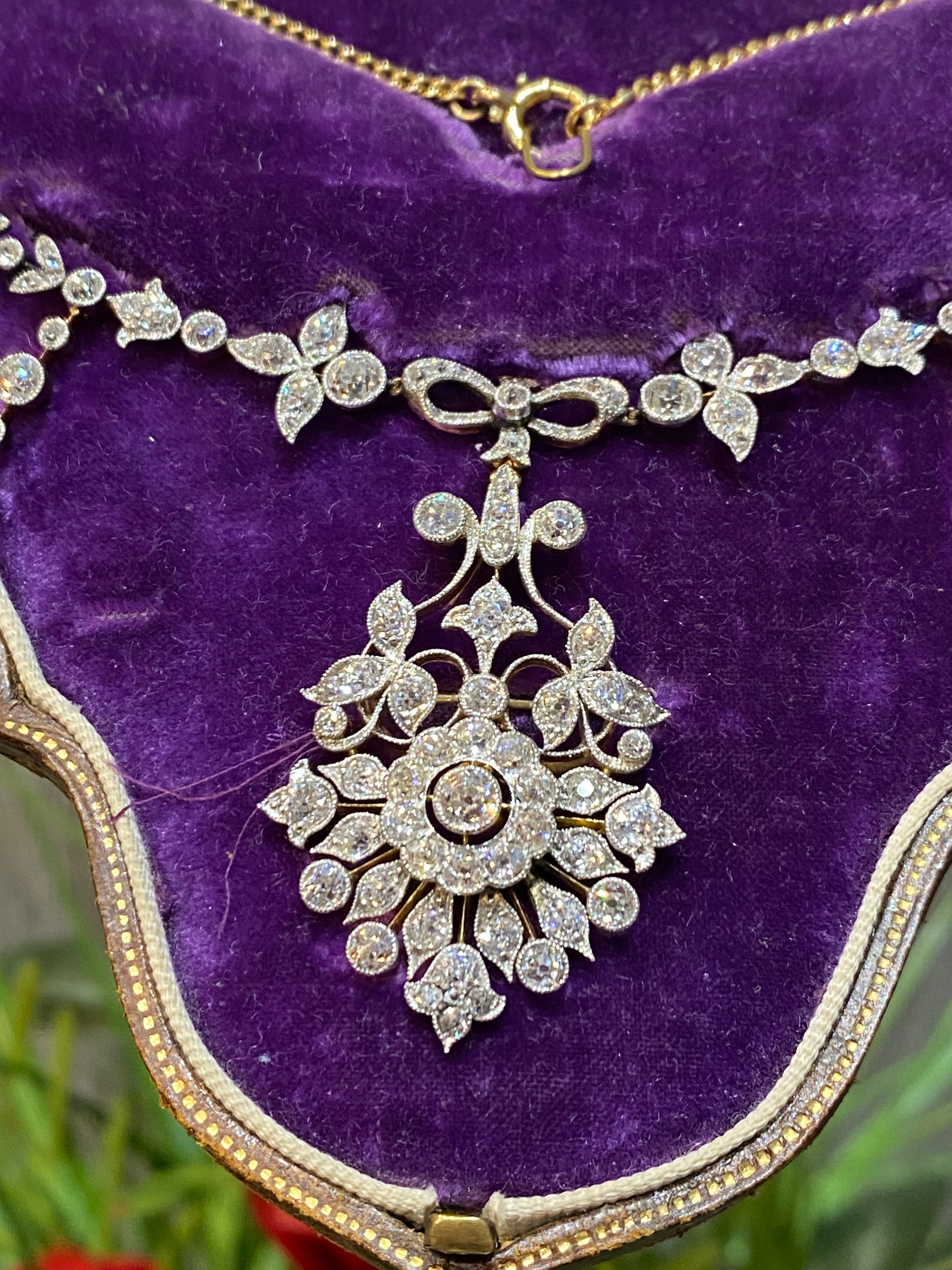 Victorian c.1890s 18K Gold & Silver Natural Diamond Necklace | Original Case
