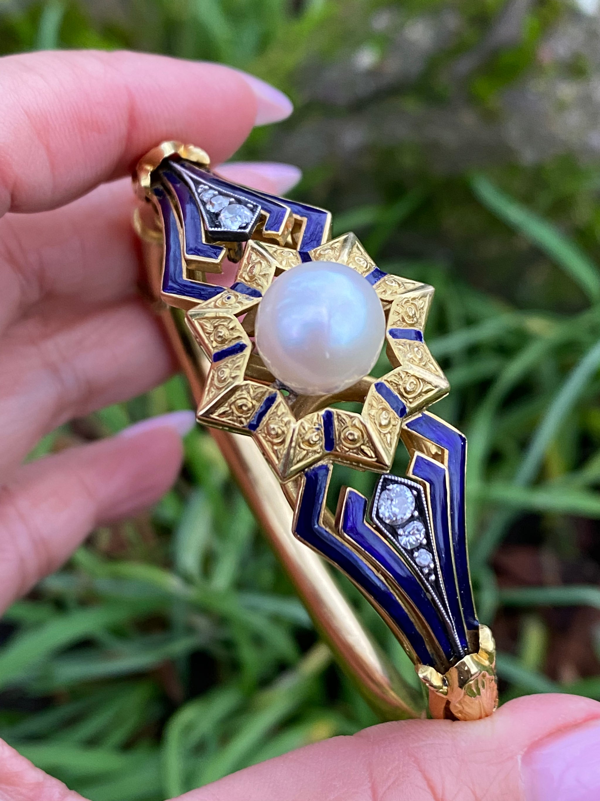 Victorian 18K Gold Pearl, Enamel & Old-Mine Diamond Bangle Bracelet | c.1870s Museum-Quality Antique