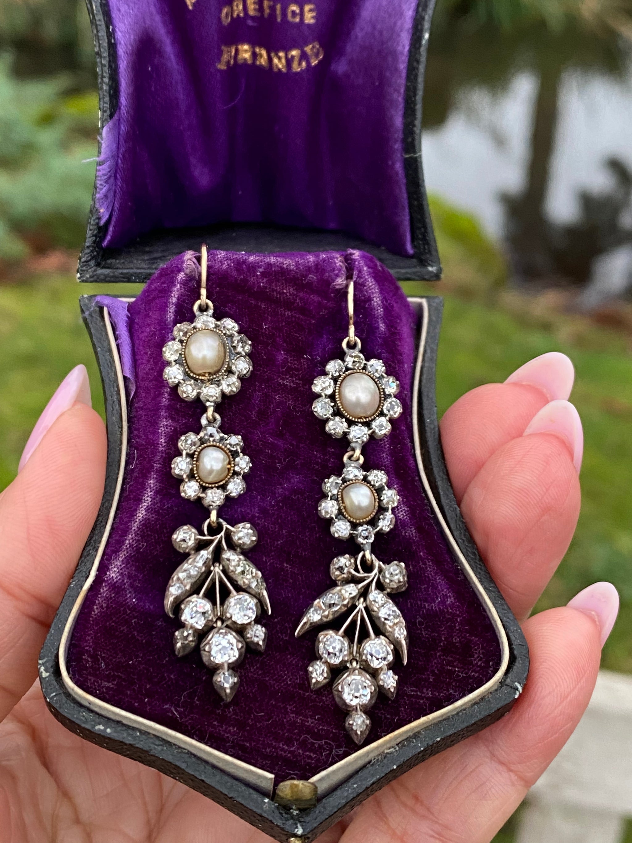 Victorian 18K Gold & Silver Natural Pearl and Old-Mine Diamond Drop Earrings｜With Original Antique Box