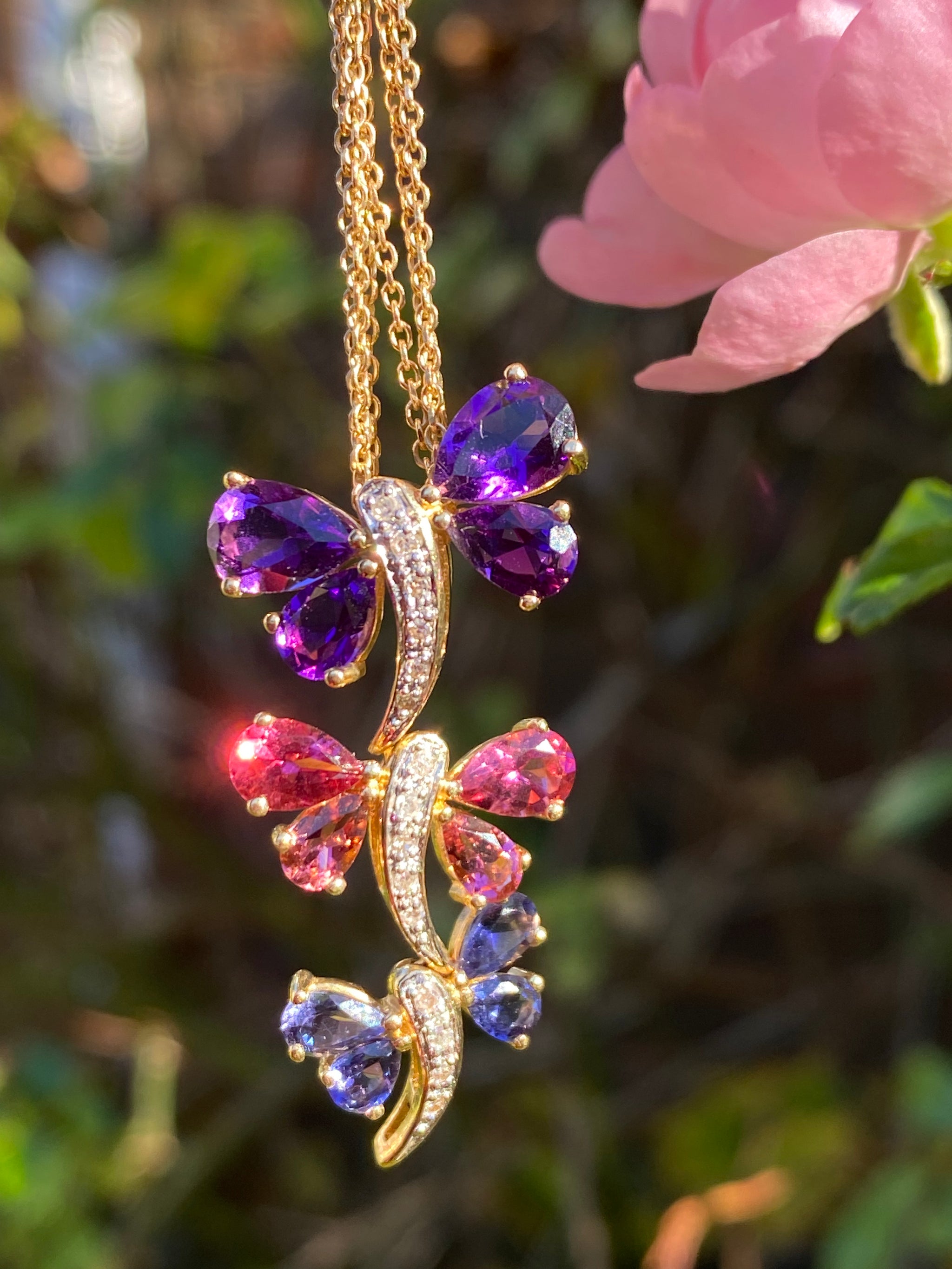 14ct Gold Butterfly Pendant Necklace | Natural Sapphire, Tourmaline, Amethyst & Diamonds