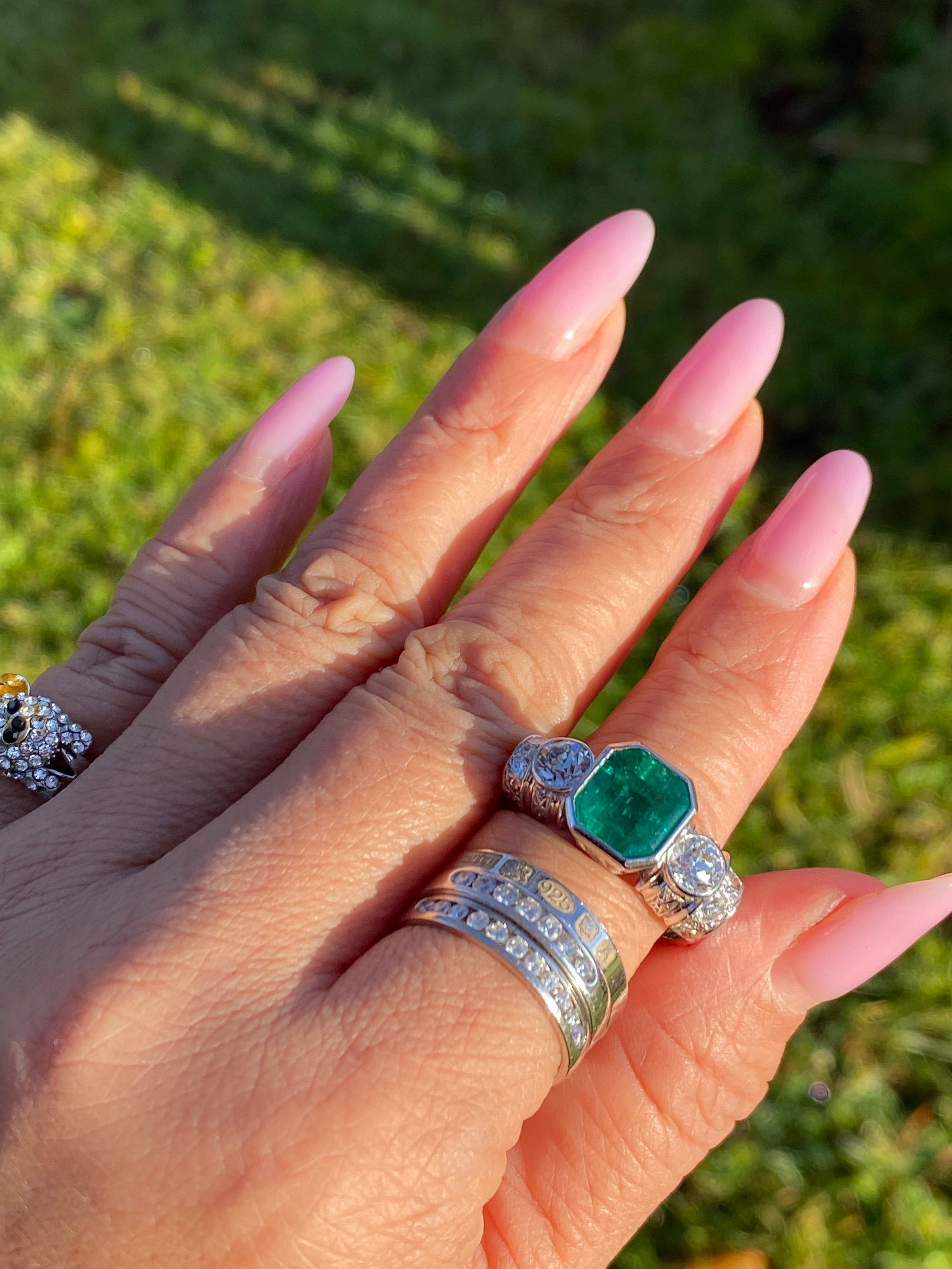 18K White Gold Emerald & Diamond Ring | Approx. 3.0ct Natural Emerald | Art Deco Style | Fine Vintage Jewellery