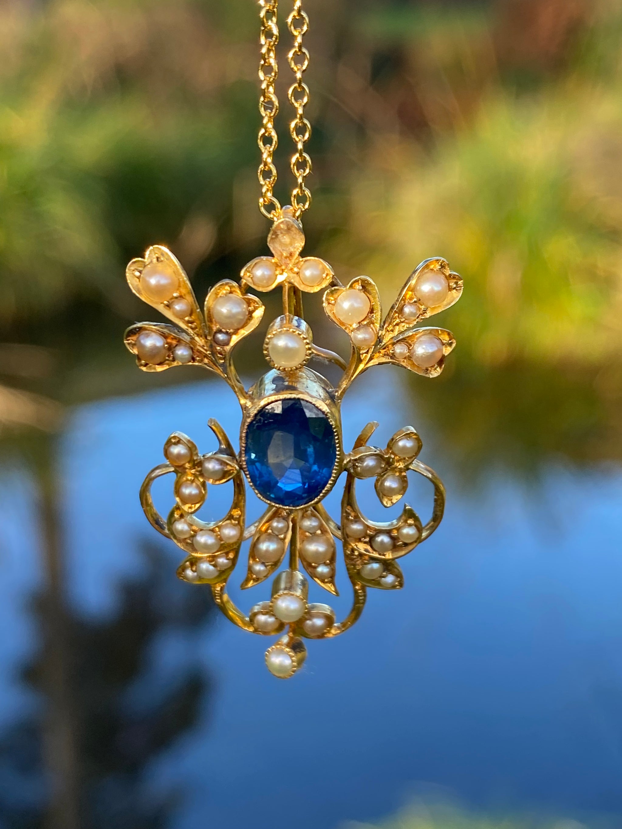 Edwardian Sapphire & Seed Pearl Pendant | 15ct Gold | c.1900 Antique Necklace