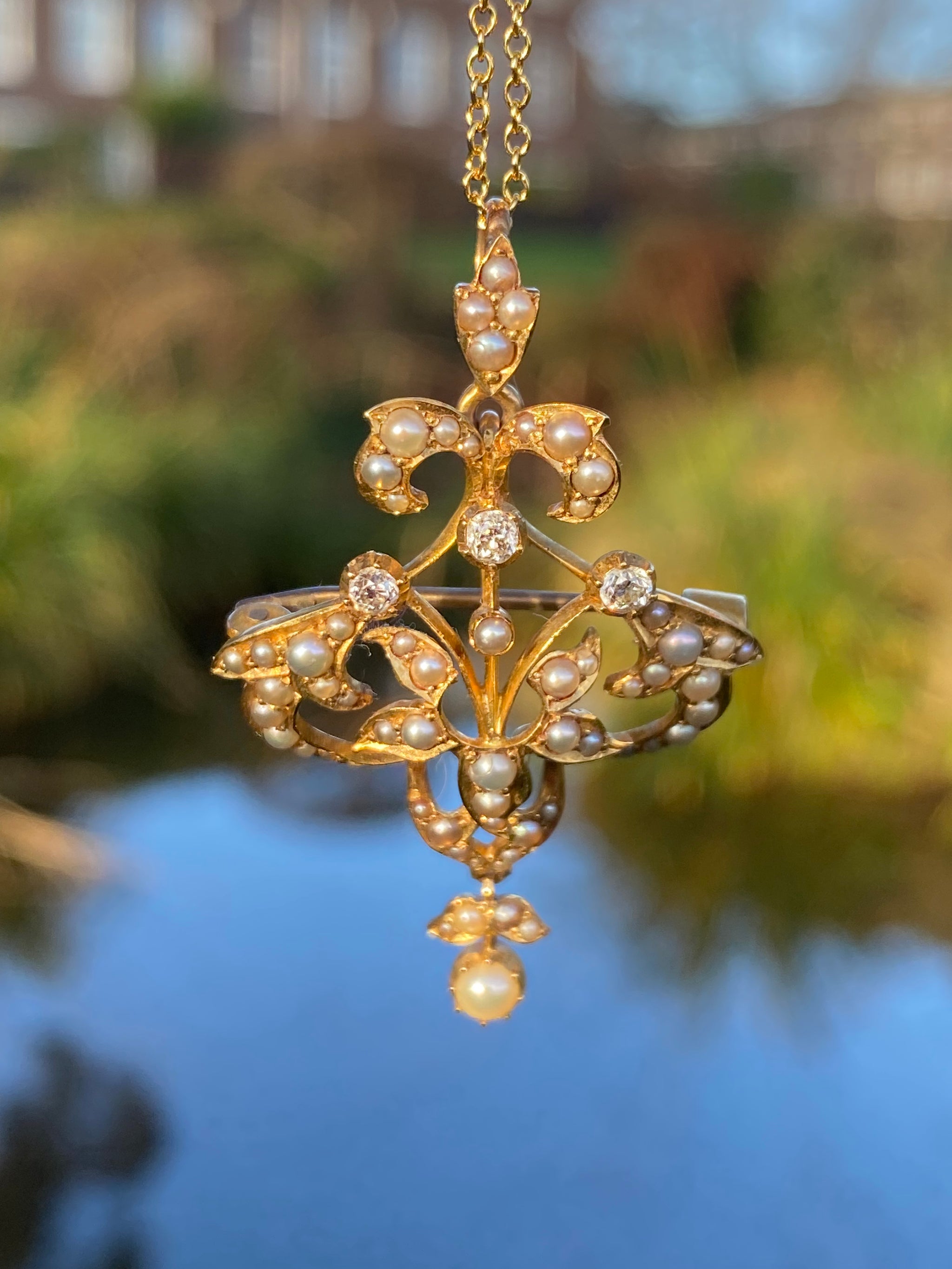 Edwardian 15ct Gold Diamond & Seed Pearl Antique Pendant | c.1900 | Old Mine Cut Diamonds | Fine Antique Jewellery