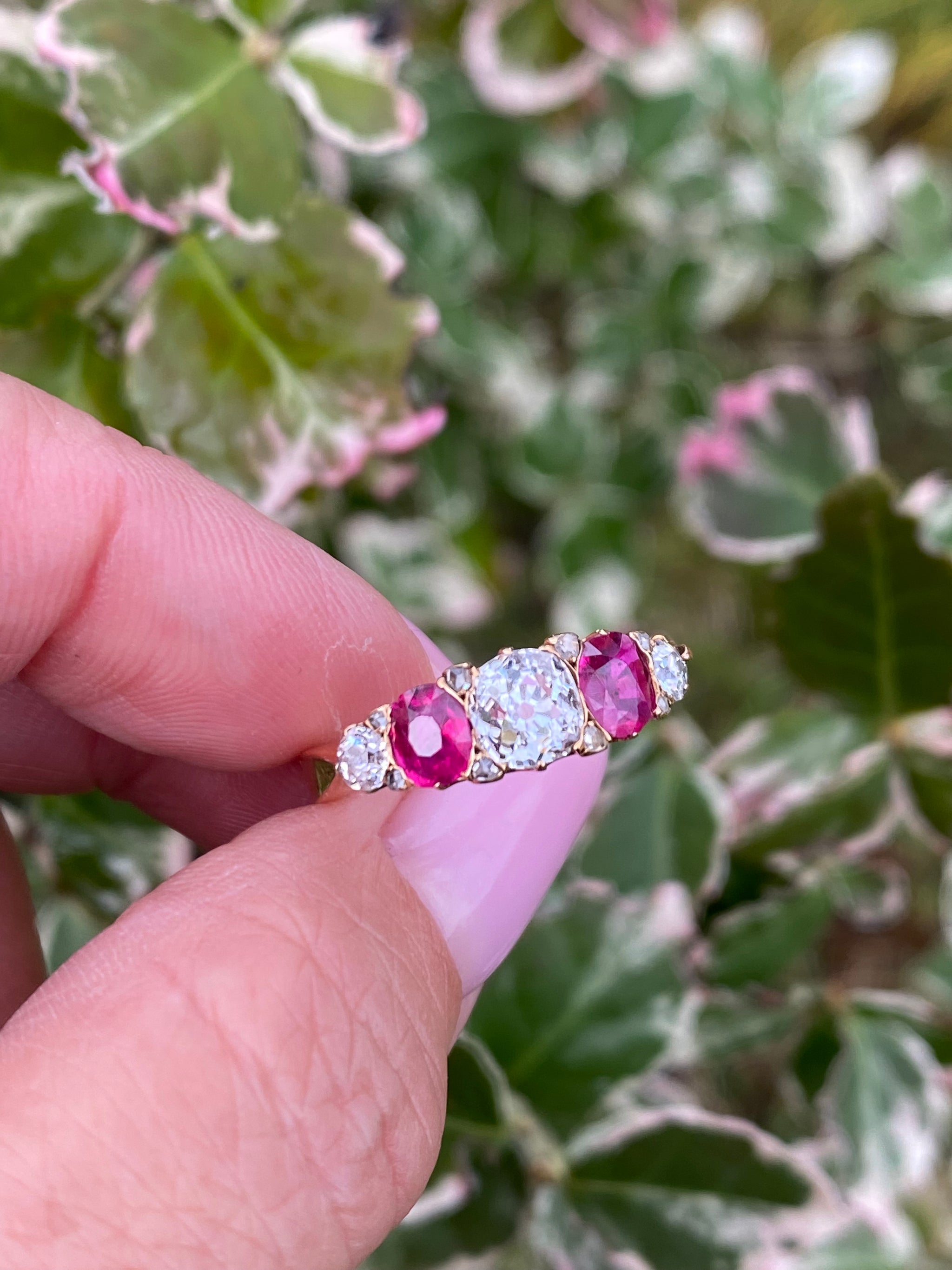 Victorian Five Stone Diamond & Ruby Ring c.1890 | Old Mine Cut Diamonds | 18K Gold Antique Ring