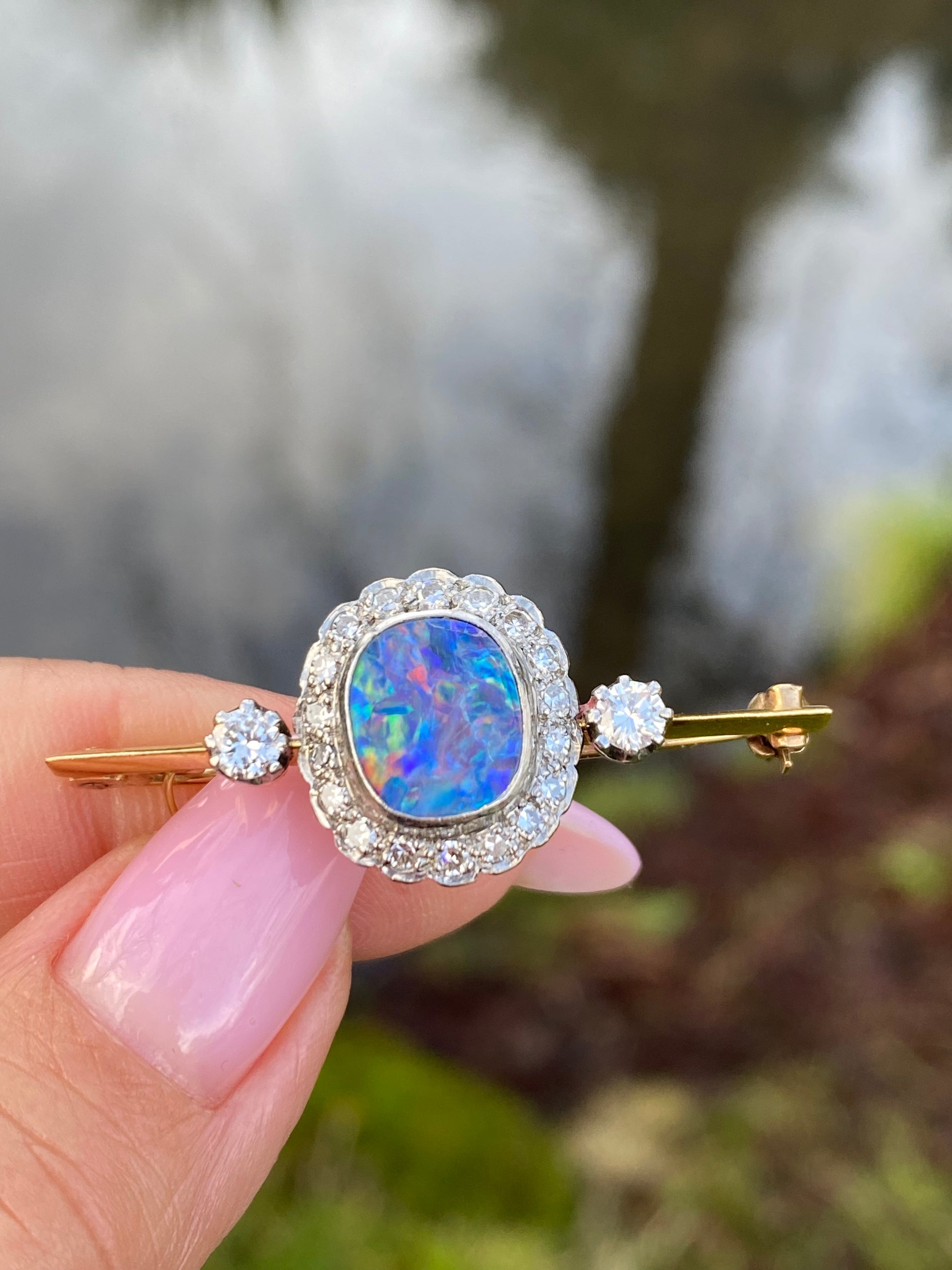 Edwardian Black Opal & Diamond Bar Brooch c.1900 | 18K Gold & Platinum
