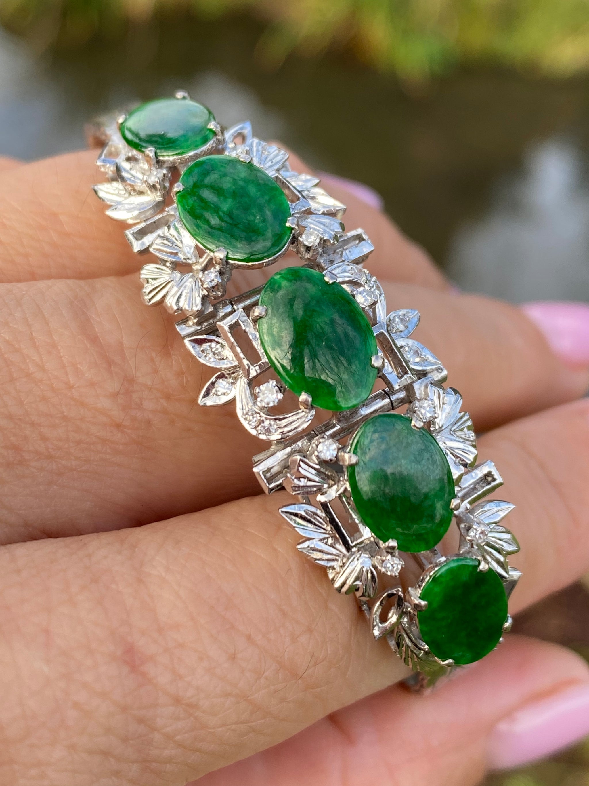 Natural Jadeite & Diamond Bracelet | 18K White Gold | No Treatment | UK Laboratory Certificate