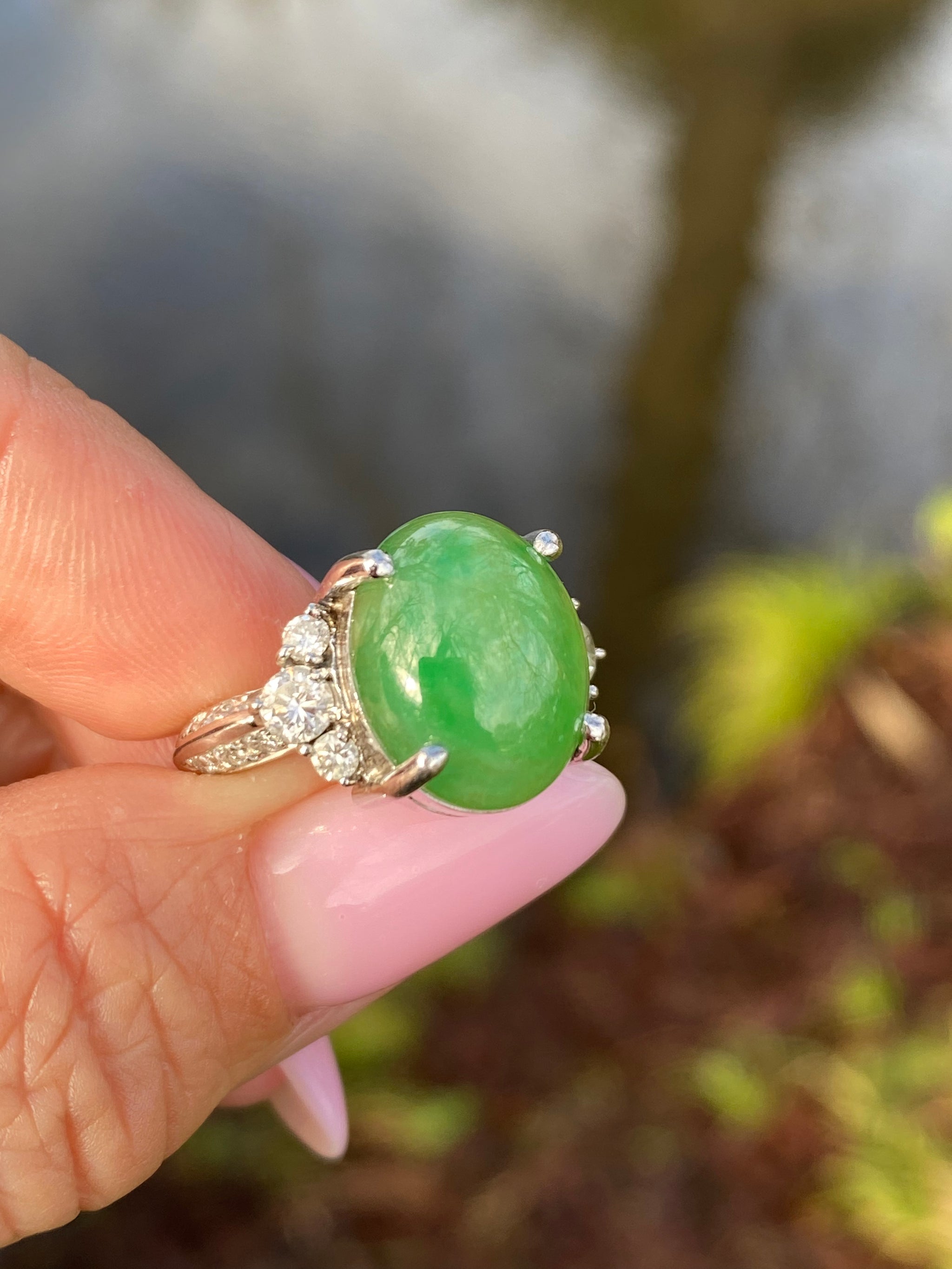 Natural Apple Green Jadeite & Diamond Ring | Pt900 Platinum | GIA Certified A Jade | 7.92ct Cabochon