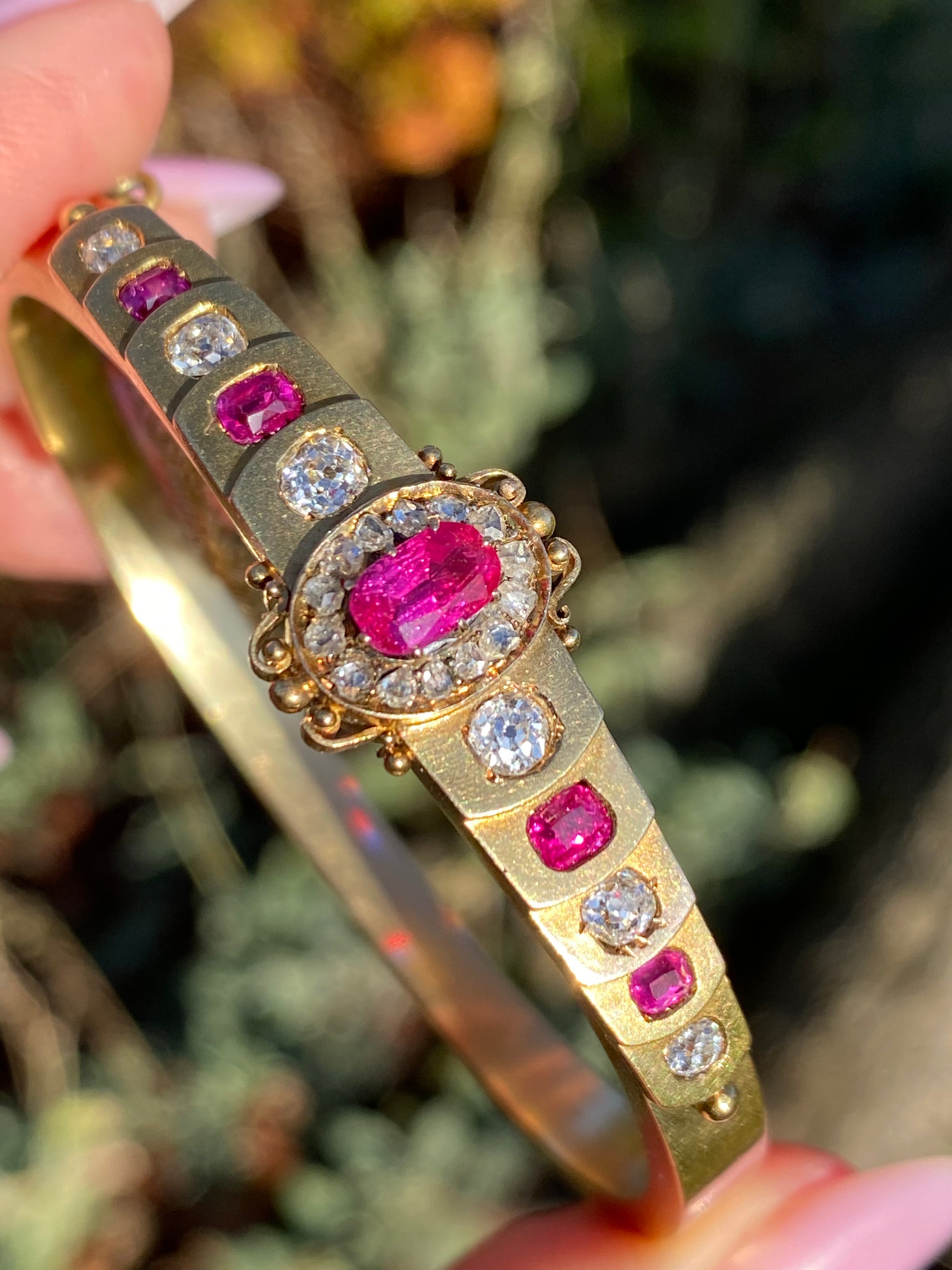 Victorian Ruby & Diamond Bangle Bracelet | c.1890 | 14K Gold | Antique Cut Diamonds