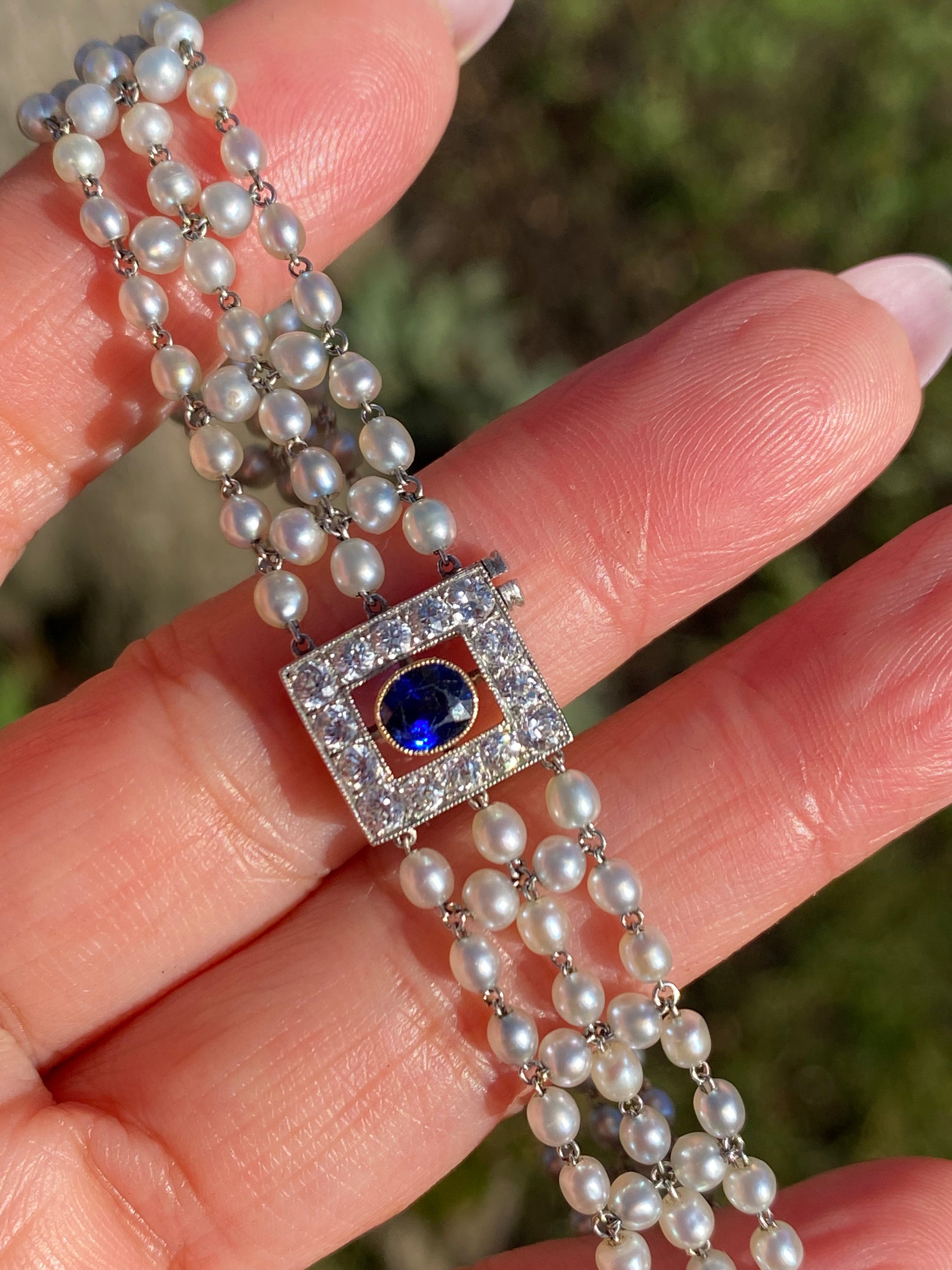 Art Deco Sapphire & Natural Pearl Bracelet | c.1930 | Platinum | Antique Fine Jewellery