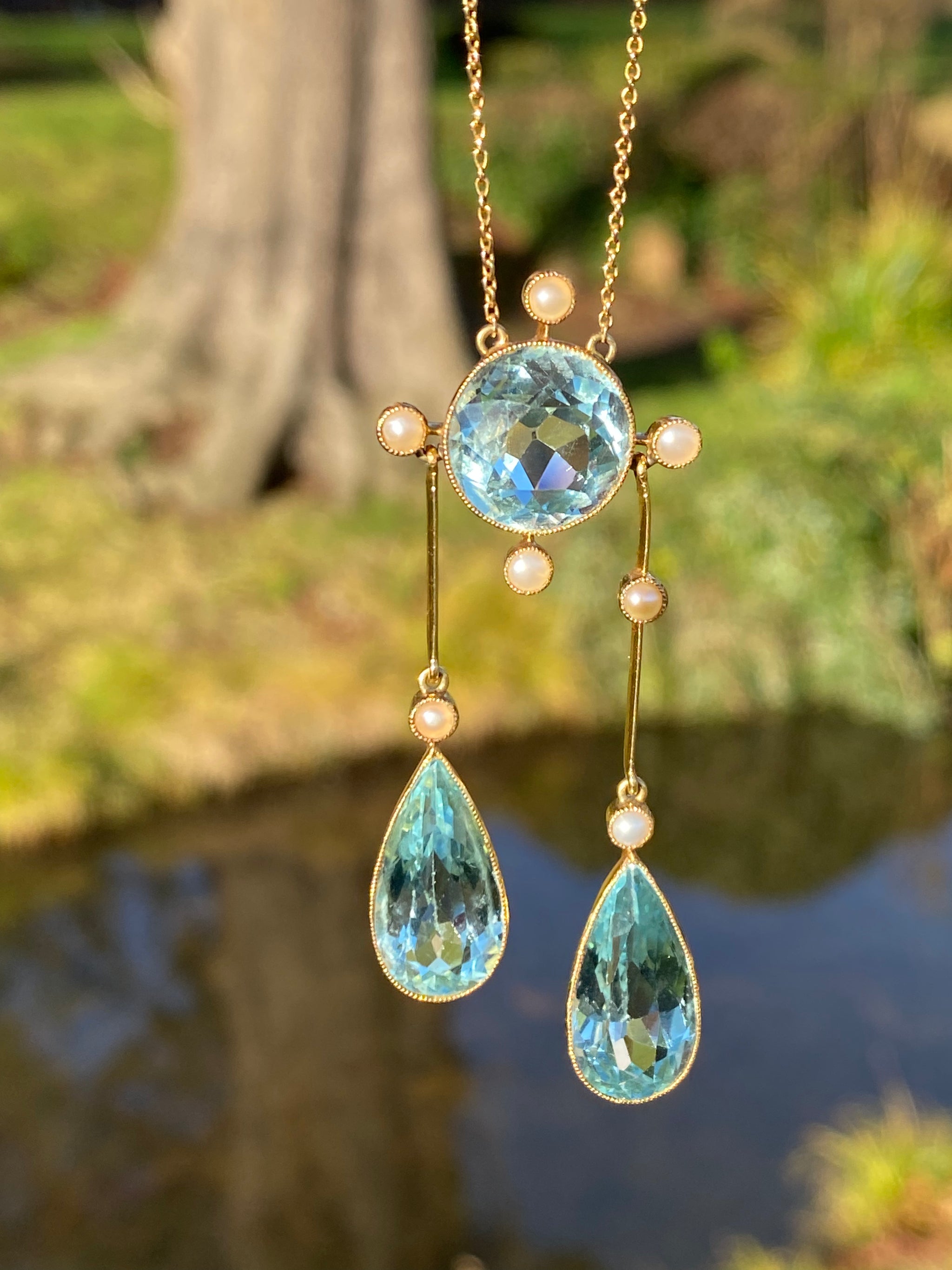 Art Deco Aquamarine & Pearl Negligee Necklace | c.1930–1940s | 18K Gold