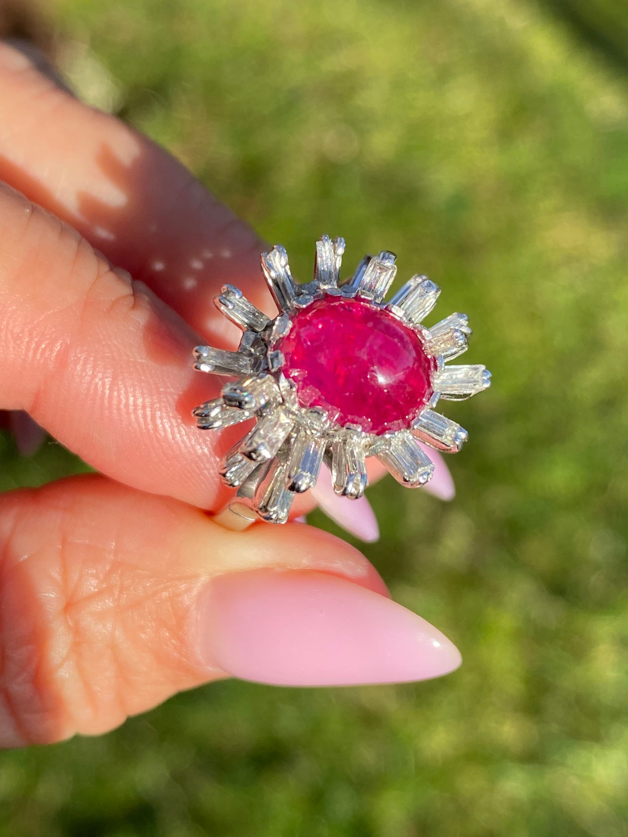 18K White Gold Ruby & Diamond Statement Ring Natural Ruby Cabochon | Baguette Diamond Spiral Design