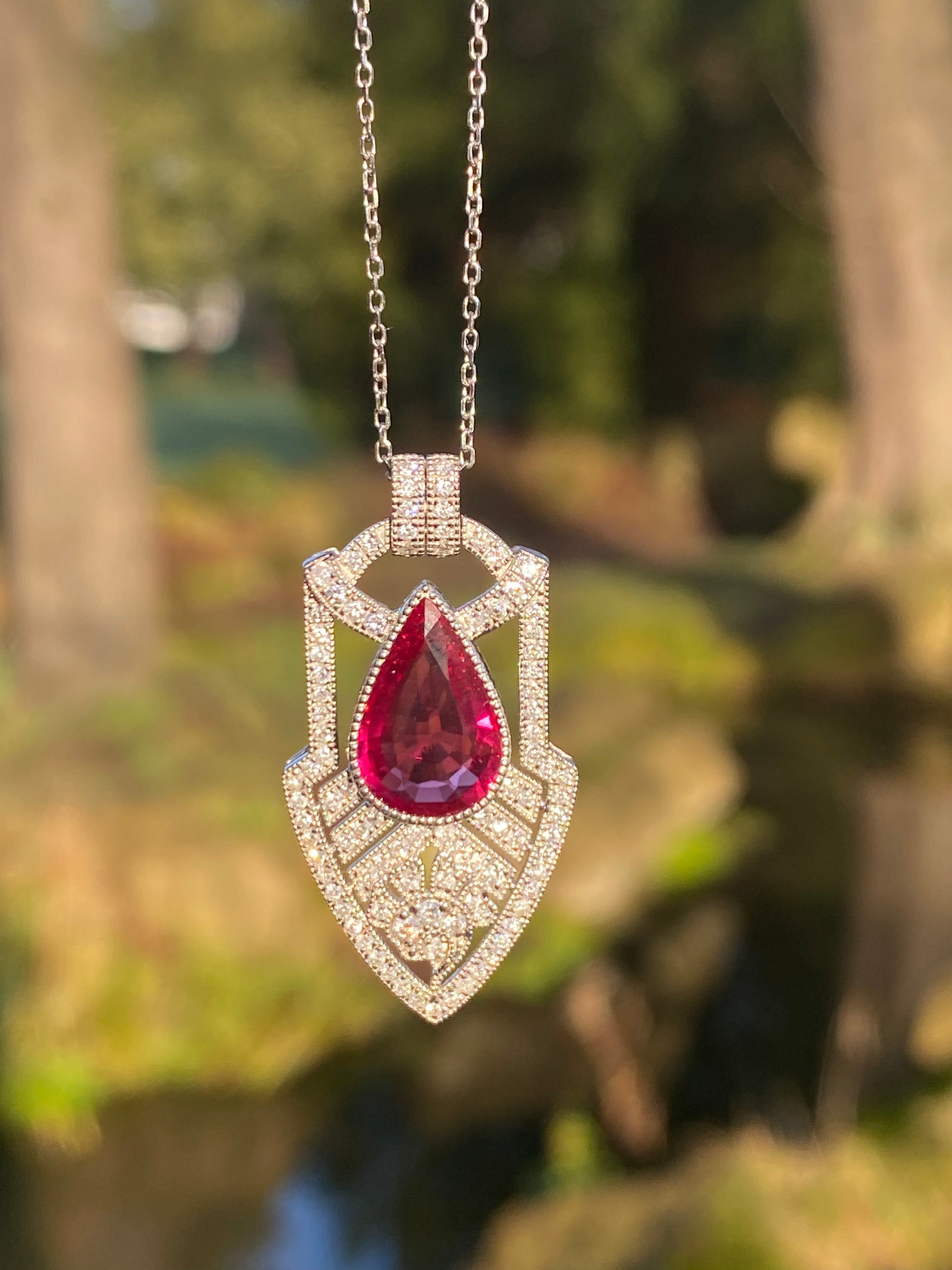 Art Deco Ruby & Diamond Pendant Necklace | 3.02ct Pigeon Blood Ruby | Pt950 Platinum | AIGS Certified