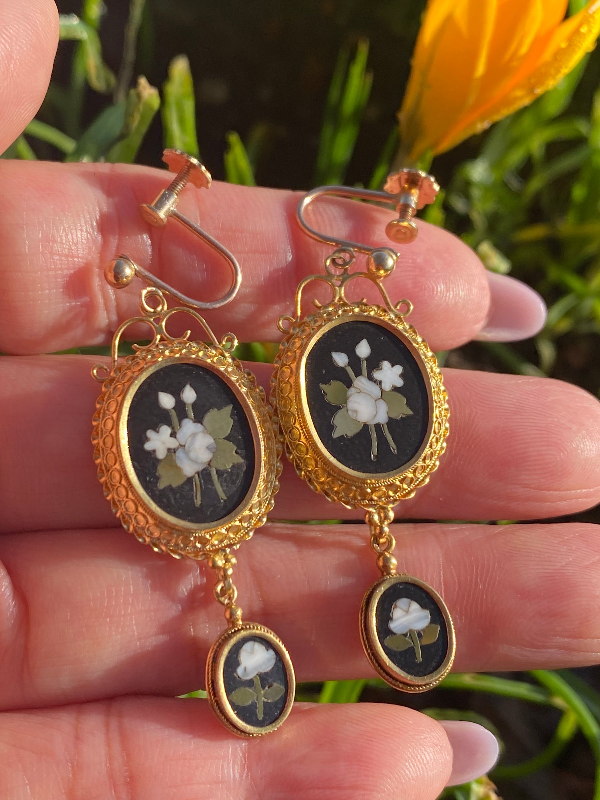 Victorian Pietra Dura Floral Drop Earrings | c.1880s | 15k & 9k Gold | Antique Italian Micromosaic | Collector’s Jewellery
