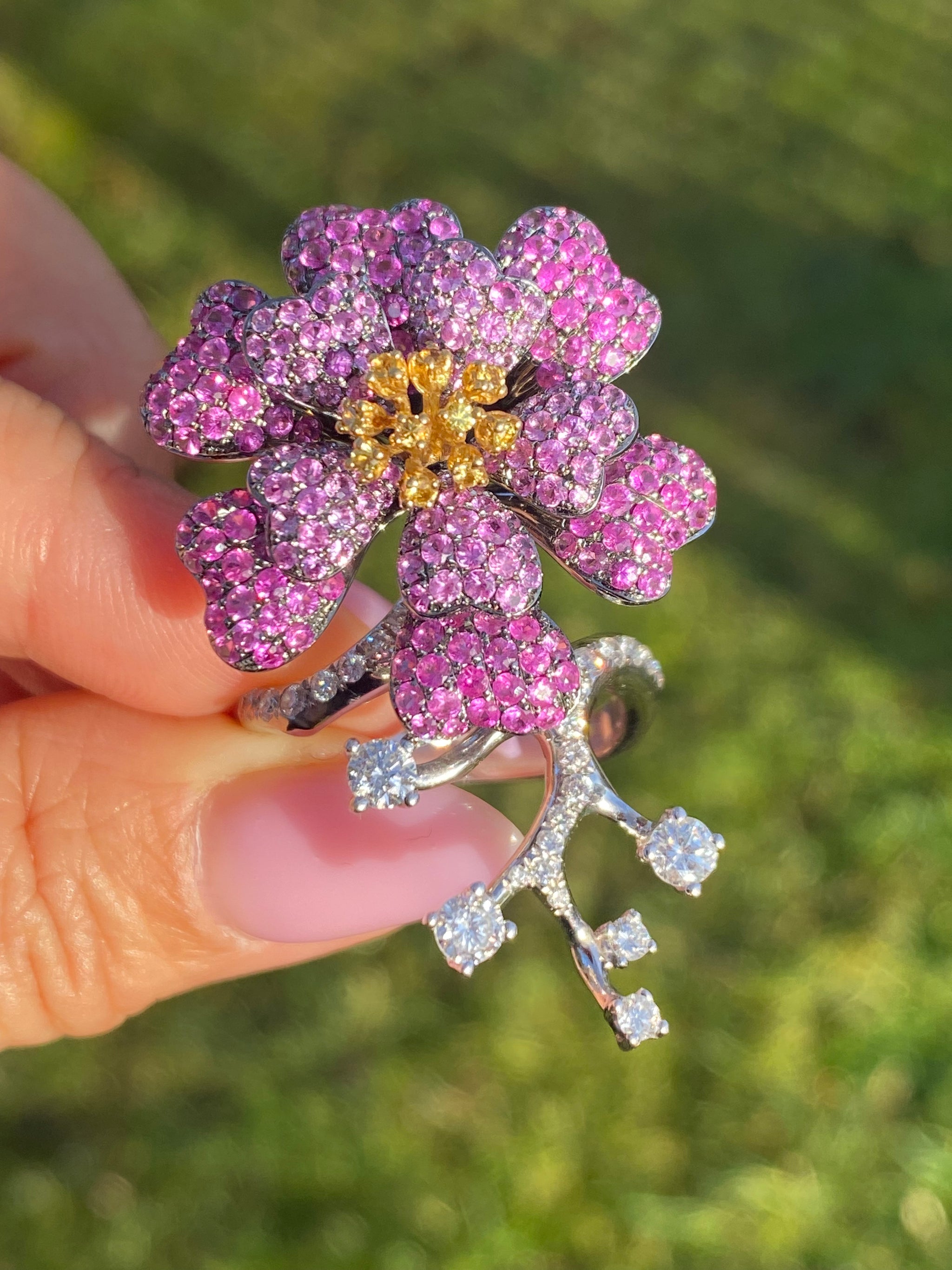 18K White Gold Pink & Yellow Sapphire Diamond Ring & Bracelet Set | WGI Certified Luxury Floral Jewelry Set