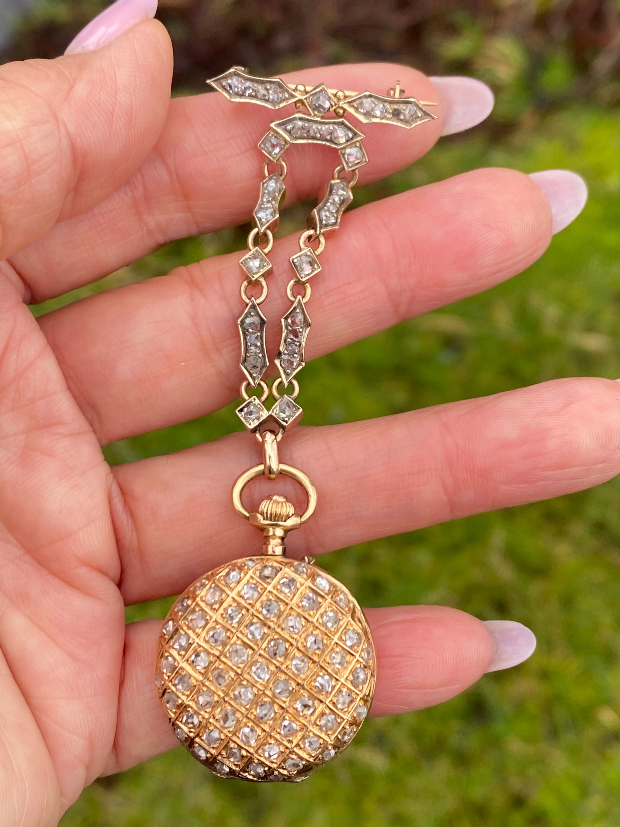 Antique 18K Gold Diamond Pocket Watch | c.1940s | Rose Cut Diamonds | Manual Wind