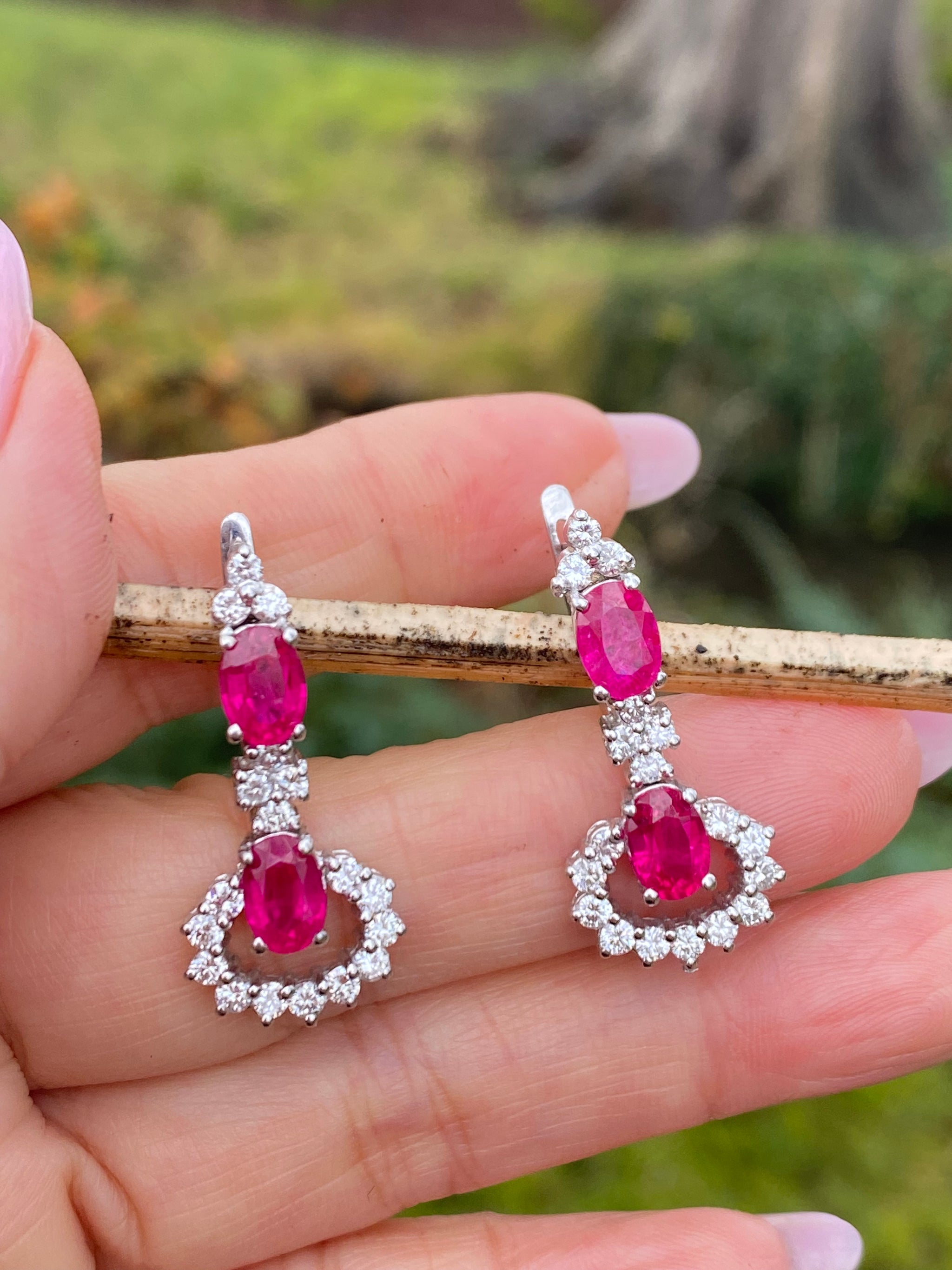 Certified Burmese Ruby & Diamond High Jewelry Suite | 18K White Gold Estate Necklace and Earrings | Gem Lab Report