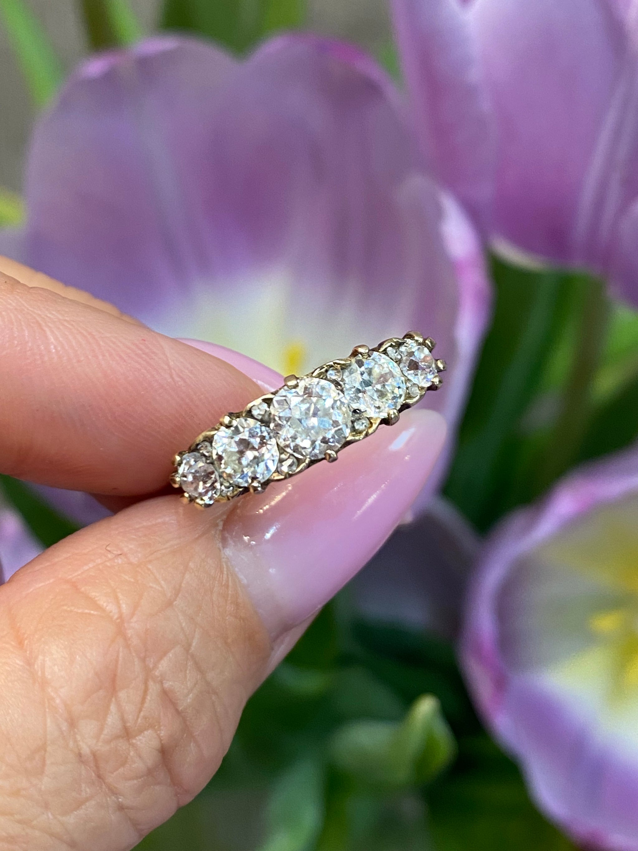 Vintage Five Stone Diamond Ring 2.2ct | Antique Cut Diamonds | 18K Gold Ring | Victorian Style Diamond Band | Engagement Ring | Estate Jewelry