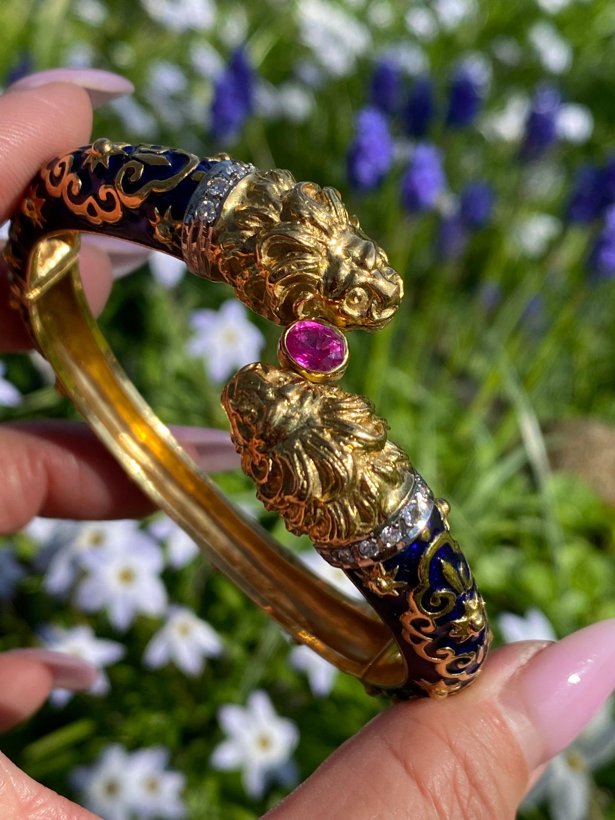 Vintage Lion Head Bangle 18K Gold | Enamel Ruby Diamond Bracelet | Statement Gold Bangle | Estate Jewelry | Blue Enamel Bracelet