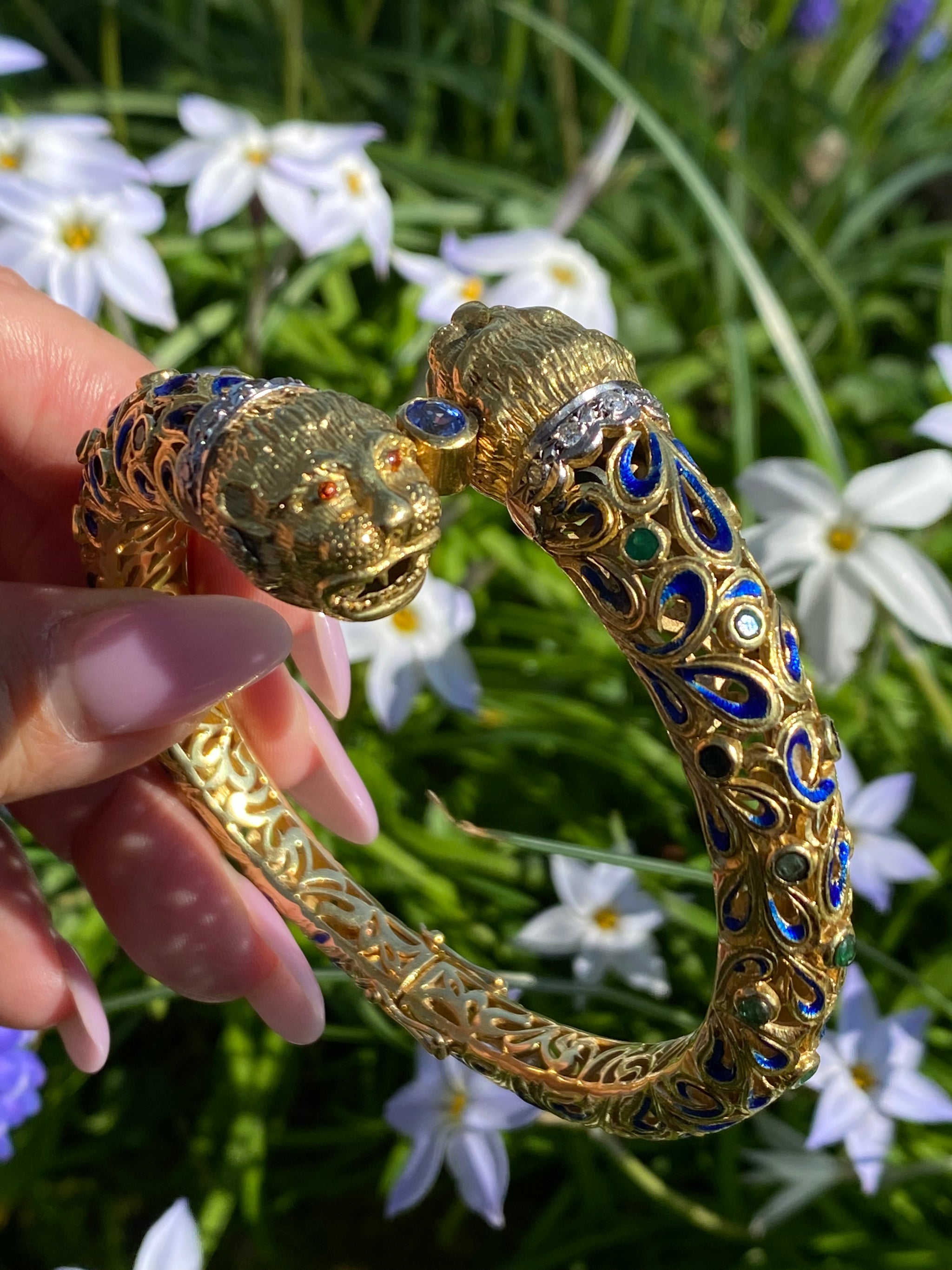 Vintage Lion Head Enamel Bangle 18K Gold Sapphire, Emerald & Diamond Bracelet