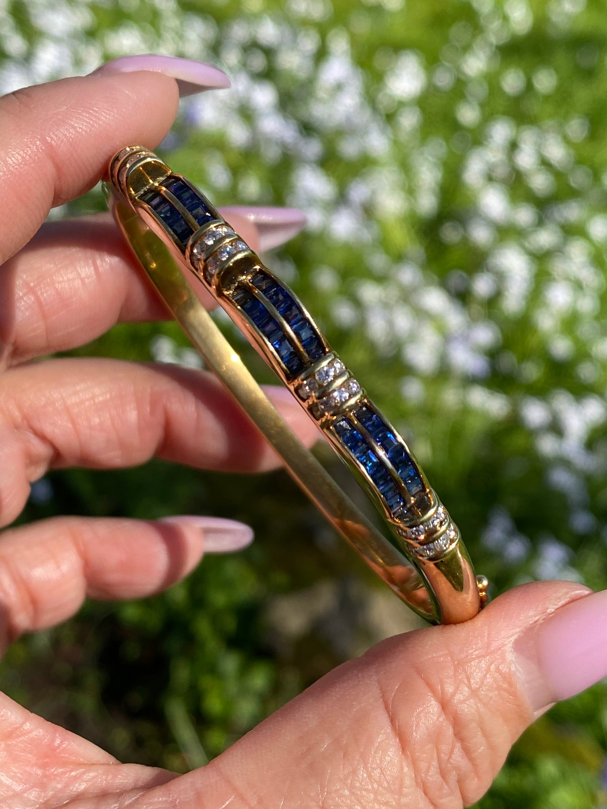 Vintage 18K Gold Sapphire & Diamond Bangle | Slim Elegant Design | Fine Jewelry Bracelet