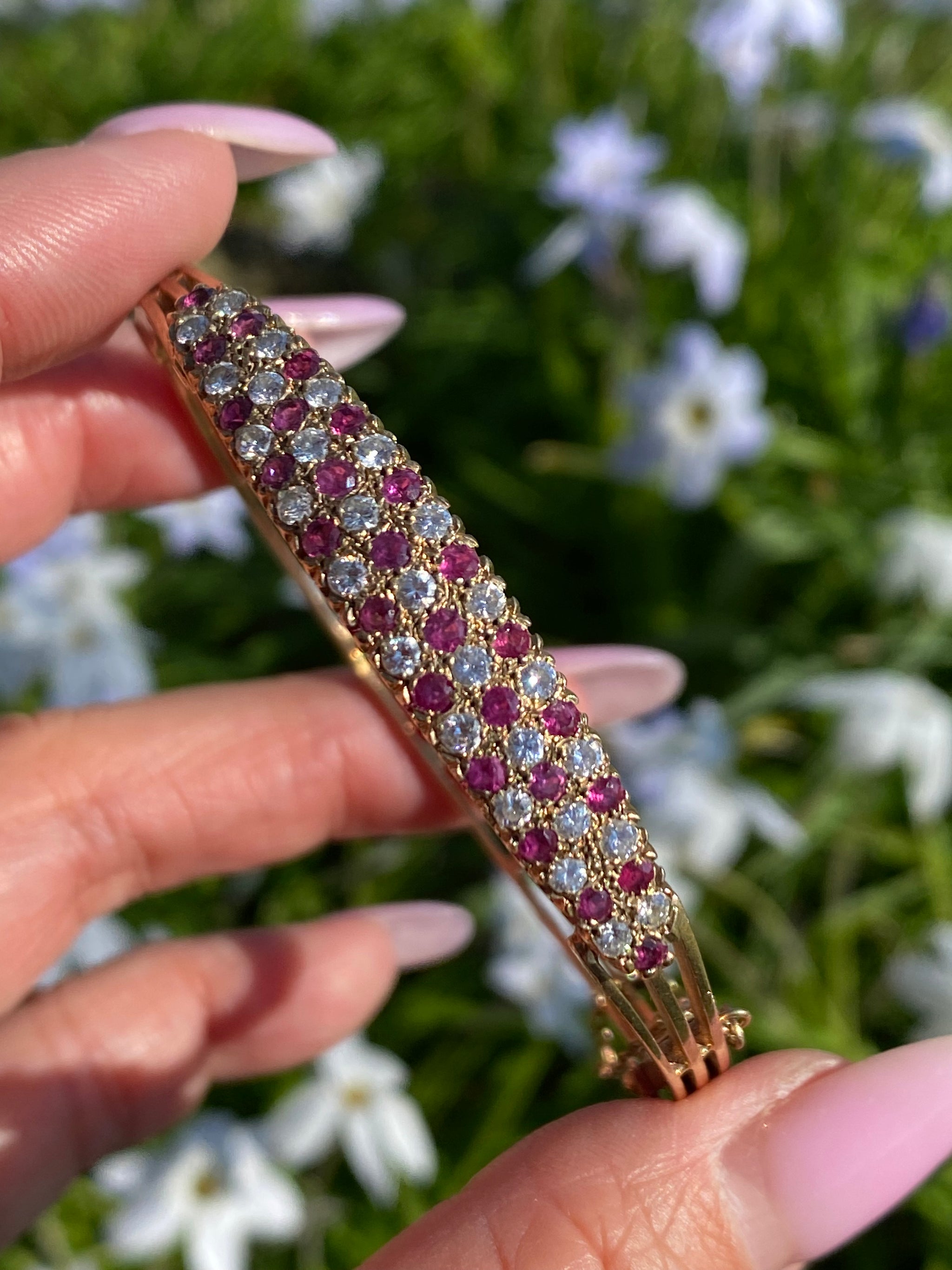 Vintage Ruby & Diamond Bangle | 9ct Gold | Pavé Set | Elegant Fine Jewellery