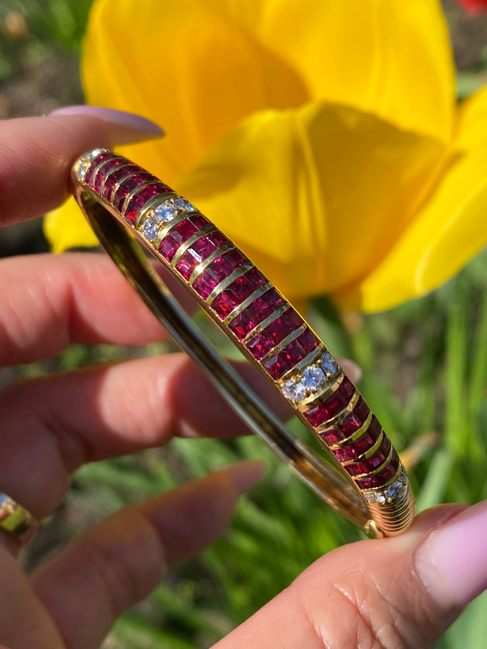 Vintage Ruby Diamond Bangle 18K Gold | French Cut Ruby Line Bracelet | Fine Antique Style Hinged Bangle with Diamonds