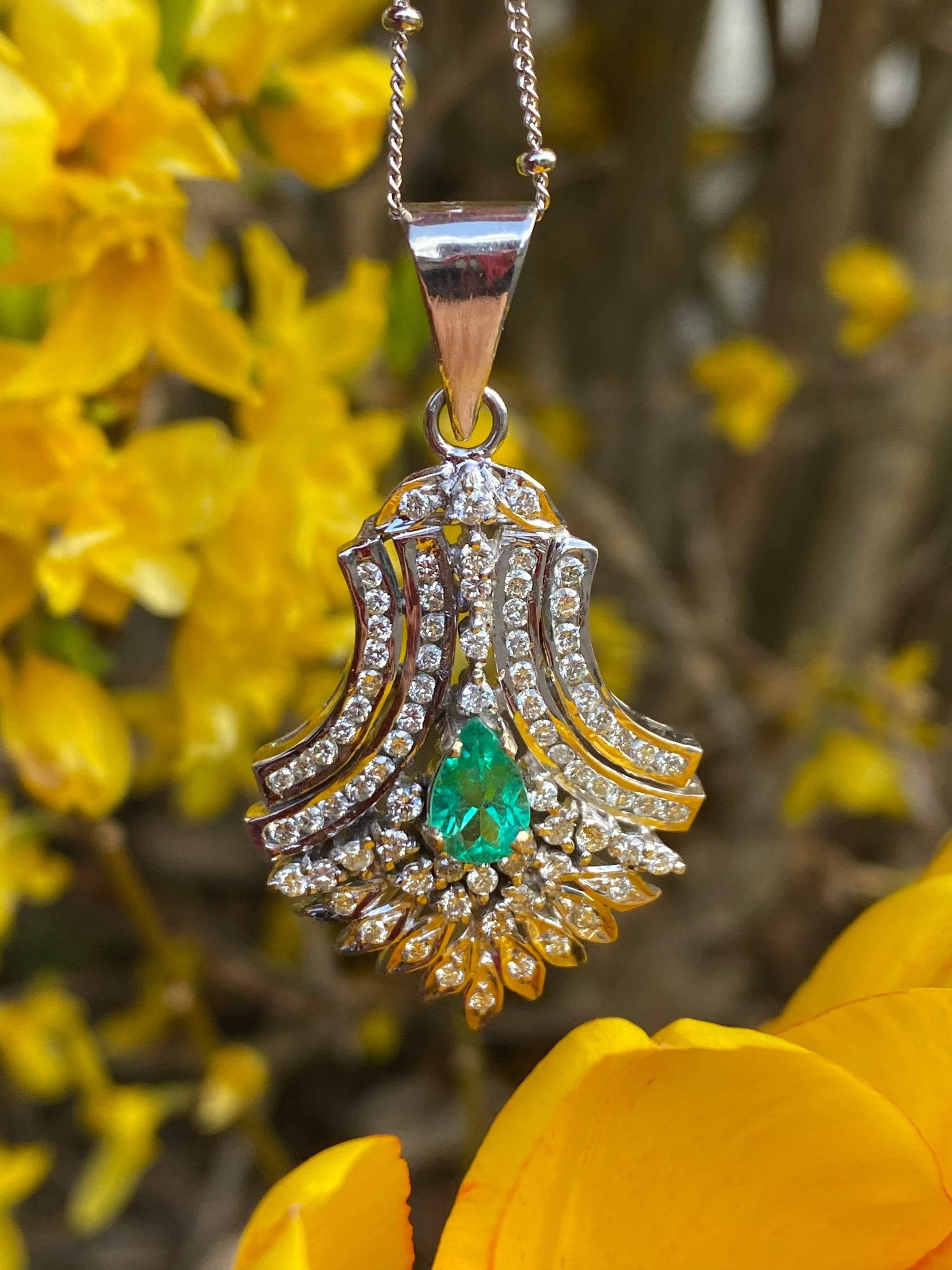 Vintage Emerald Diamond Pendant | 18K White Gold | Natural Pear Emerald 7.5x5mm | Art Deco Style Statement Necklace | Fine Jewelry