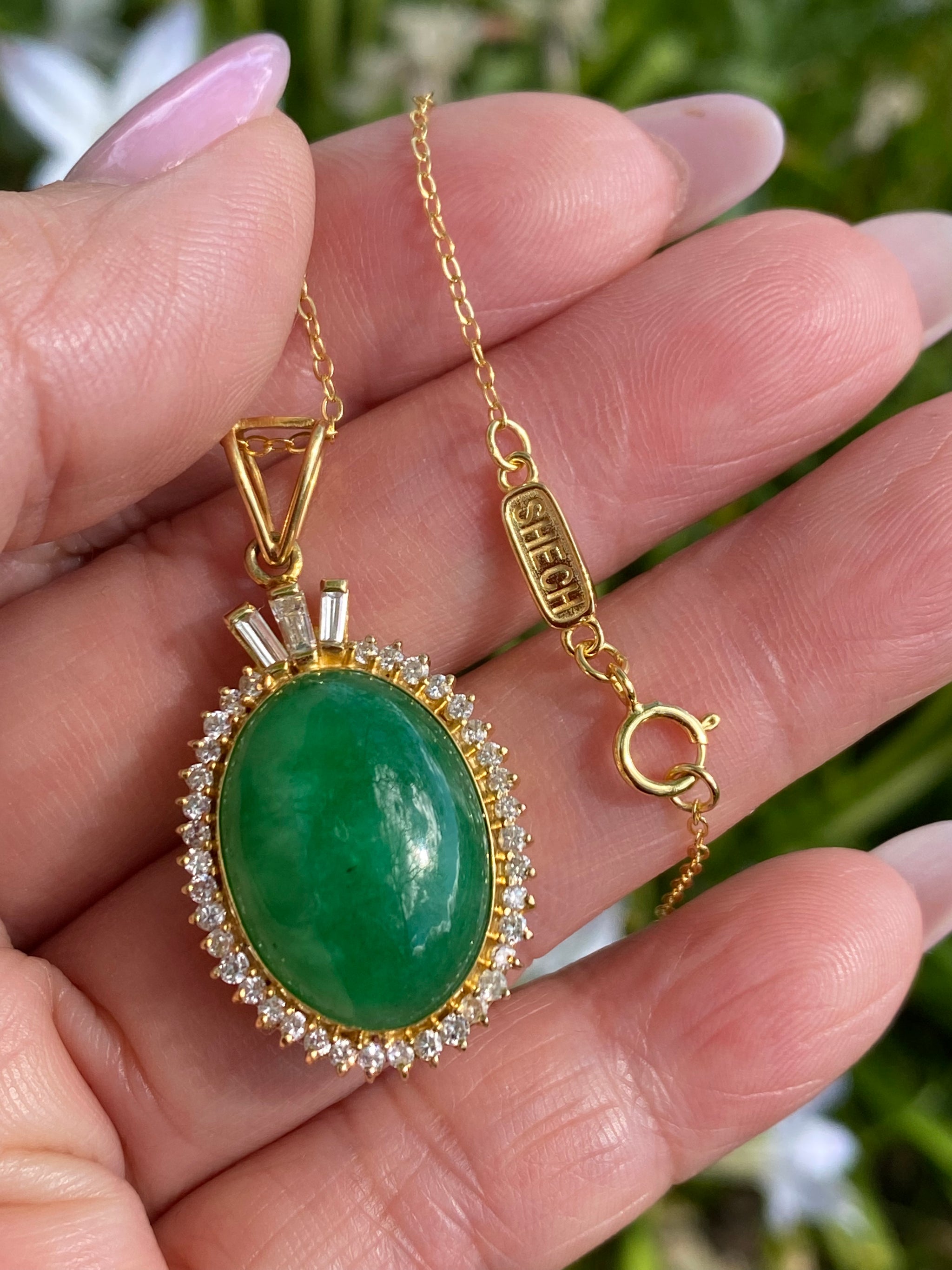 Natural Jadeite Jade Pendant Necklace 18K Gold Diamond Halo | Vintage Style Jade Cabochon | Fine Jewelry Statement Necklace