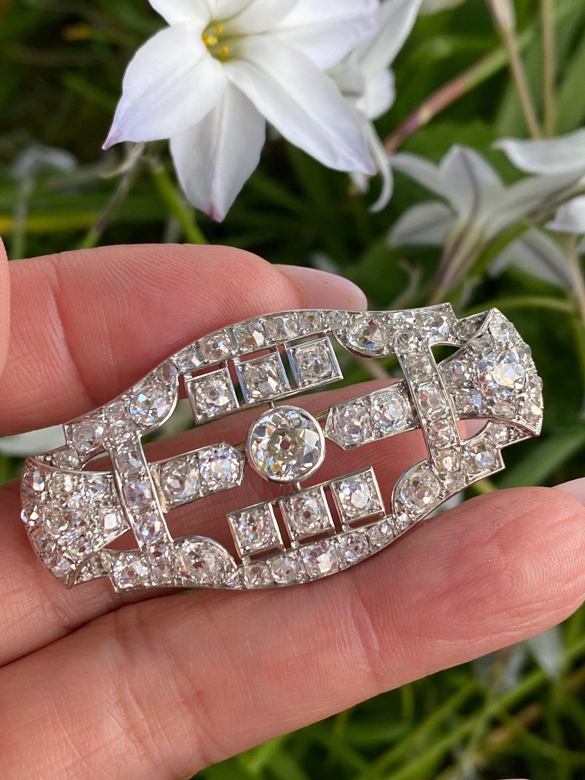Art Deco Diamond Brooch 10.10ct | Old Mine Cut Diamonds | Certified WGI | 18k White Gold | Antique Statement Brooch