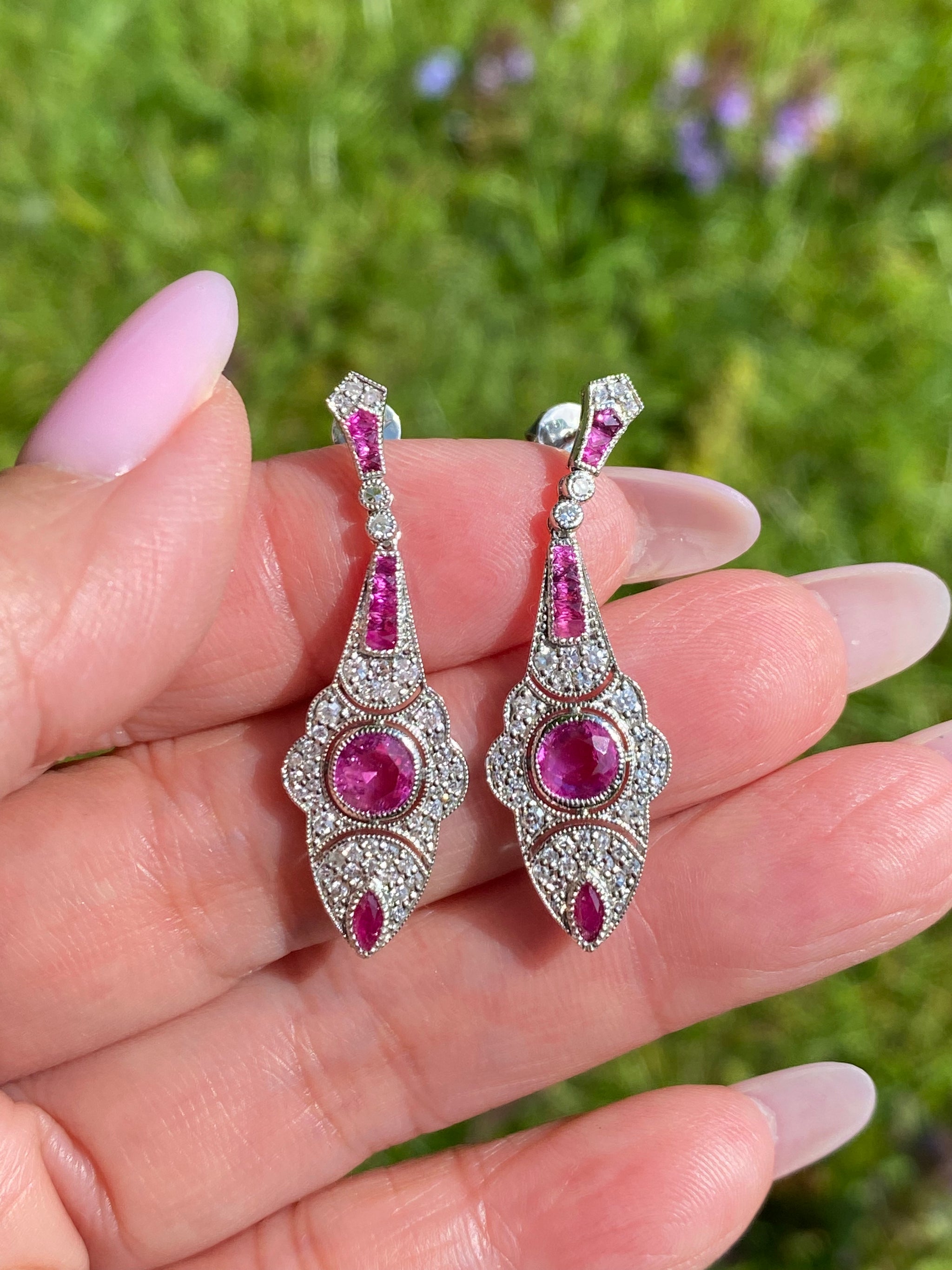 Art Deco Ruby Diamond Drop Earrings | Platinum Antique Earrings c.1930s | Natural Ruby & Diamond Dangle Earrings | Vintage Fine Jewelry