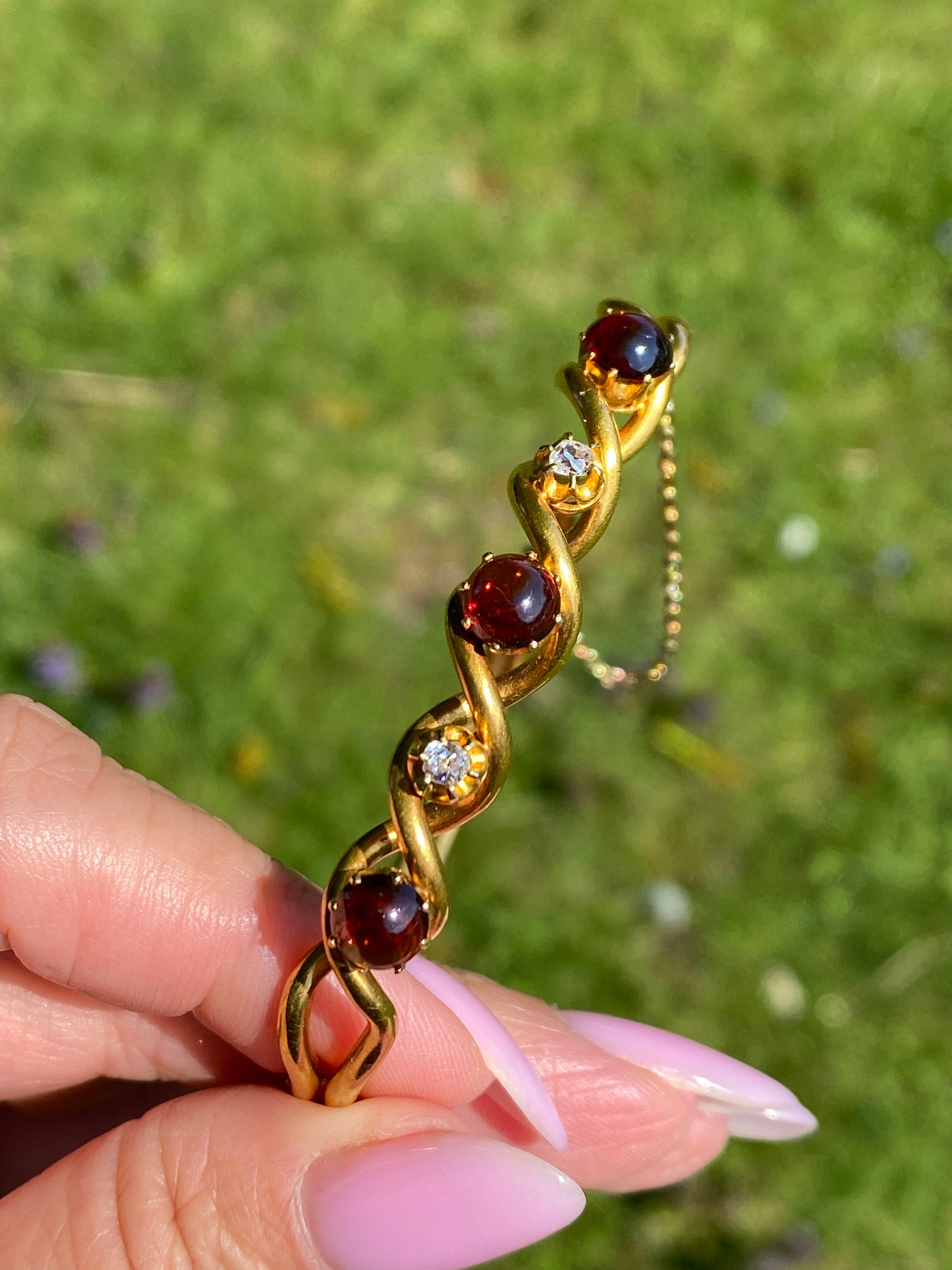 Victorian Garnet & Diamond Bangle | c.1880 | 15ct Gold Antique Bracelet | Cabochon Garnet | Twisted Gold Design | Fine Antique Jewellery