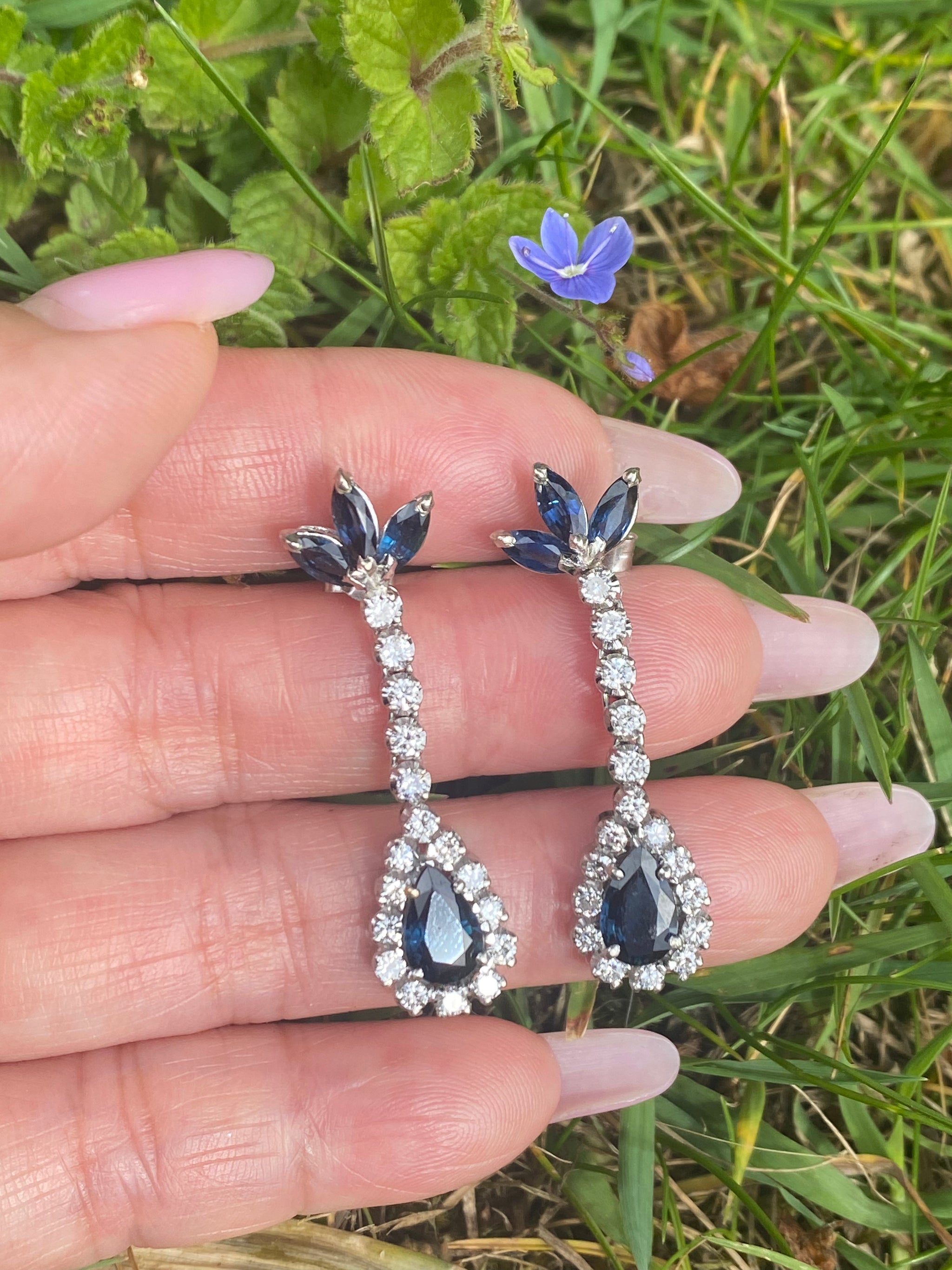 18K White Gold Natural Sapphire Diamond Drop Earrings | Fine Blue Sapphire Dangle Earrings | Elegant Vintage Estate Jewelry