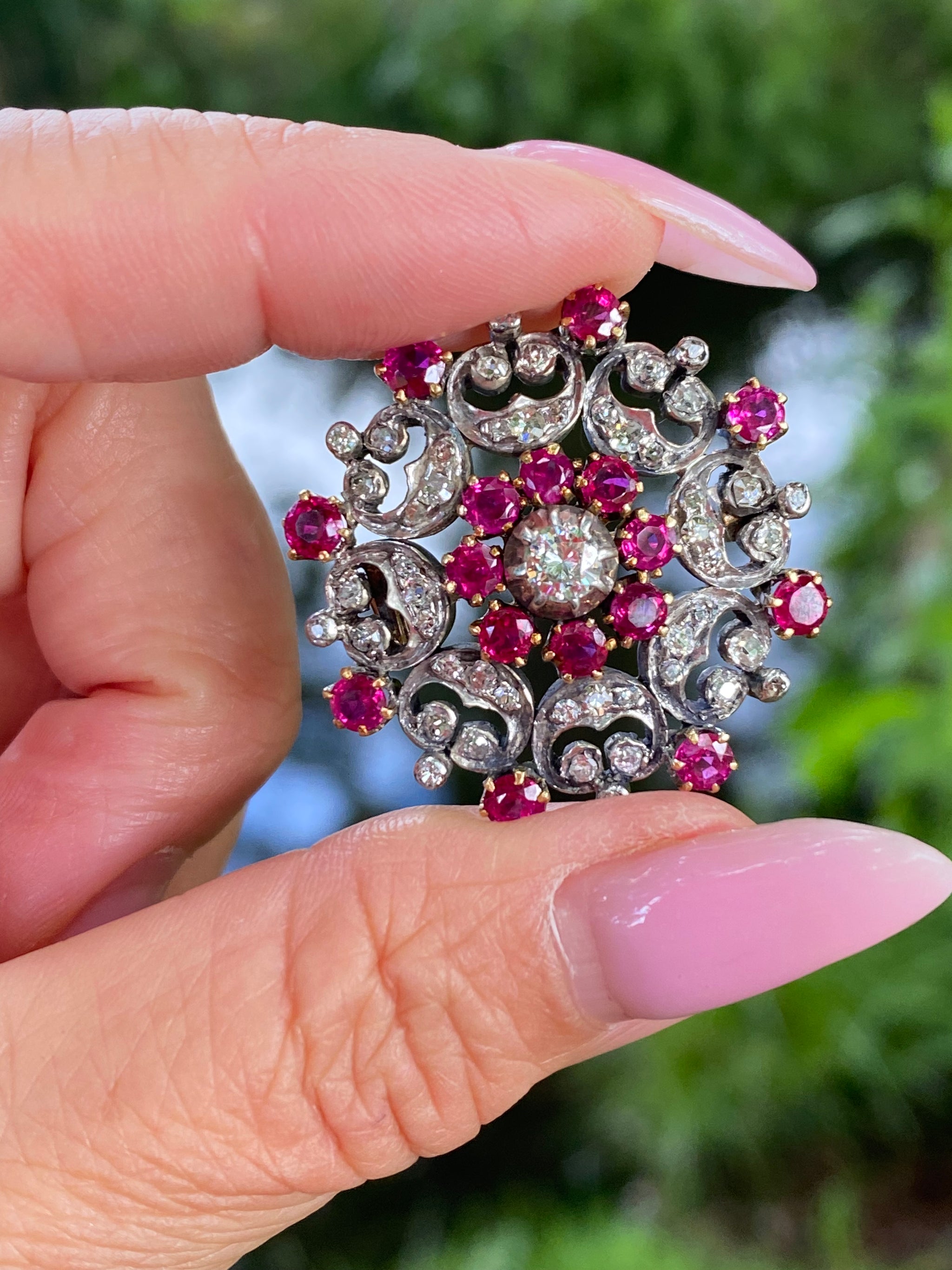 Victorian Ruby & Diamond Brooch | c.1890 | Natural Rubies & Diamonds in 18K Gold and Silver