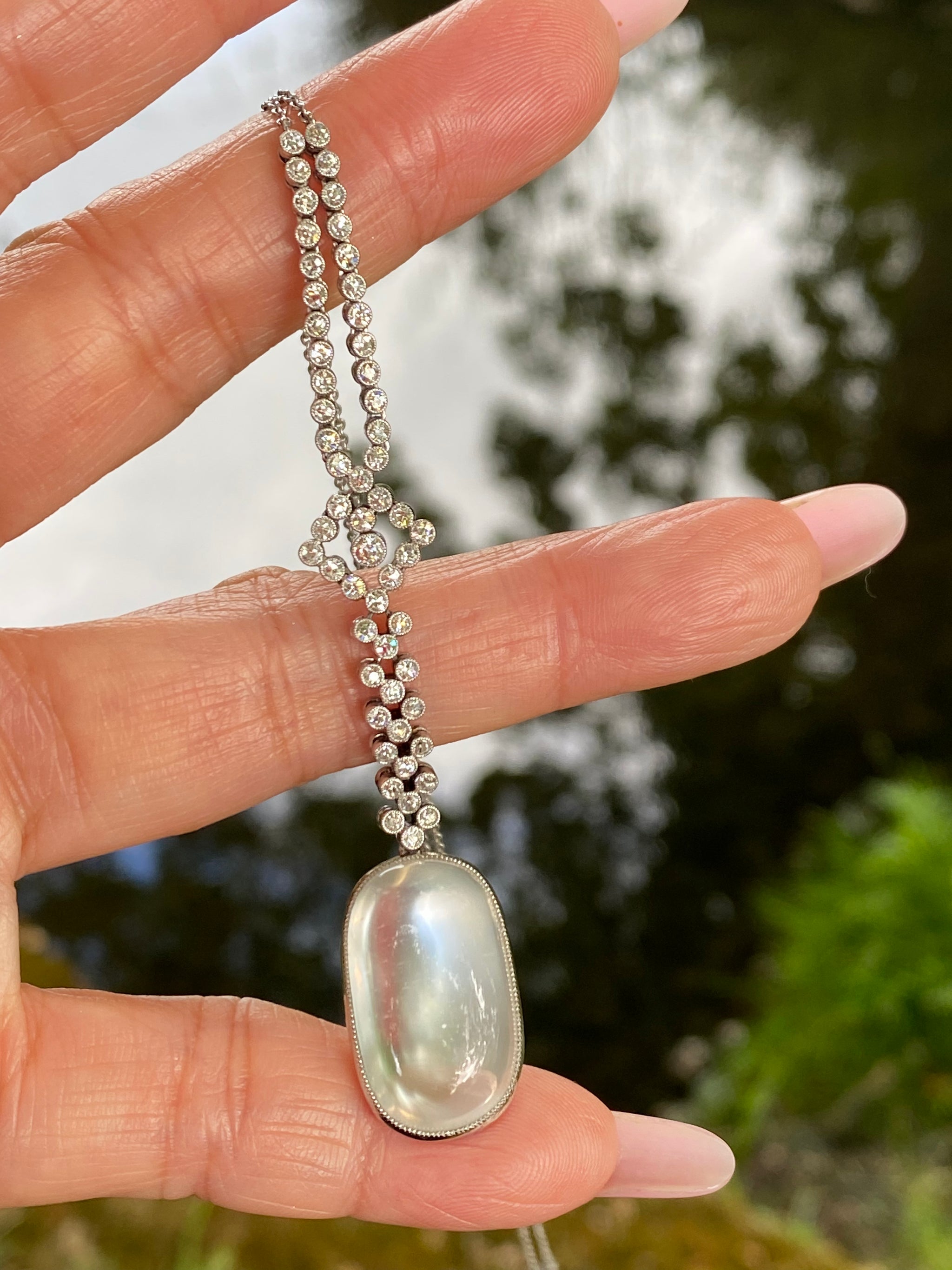 Art Deco Platinum, Moonstone & Diamond Antique Necklace | c.1920–1930