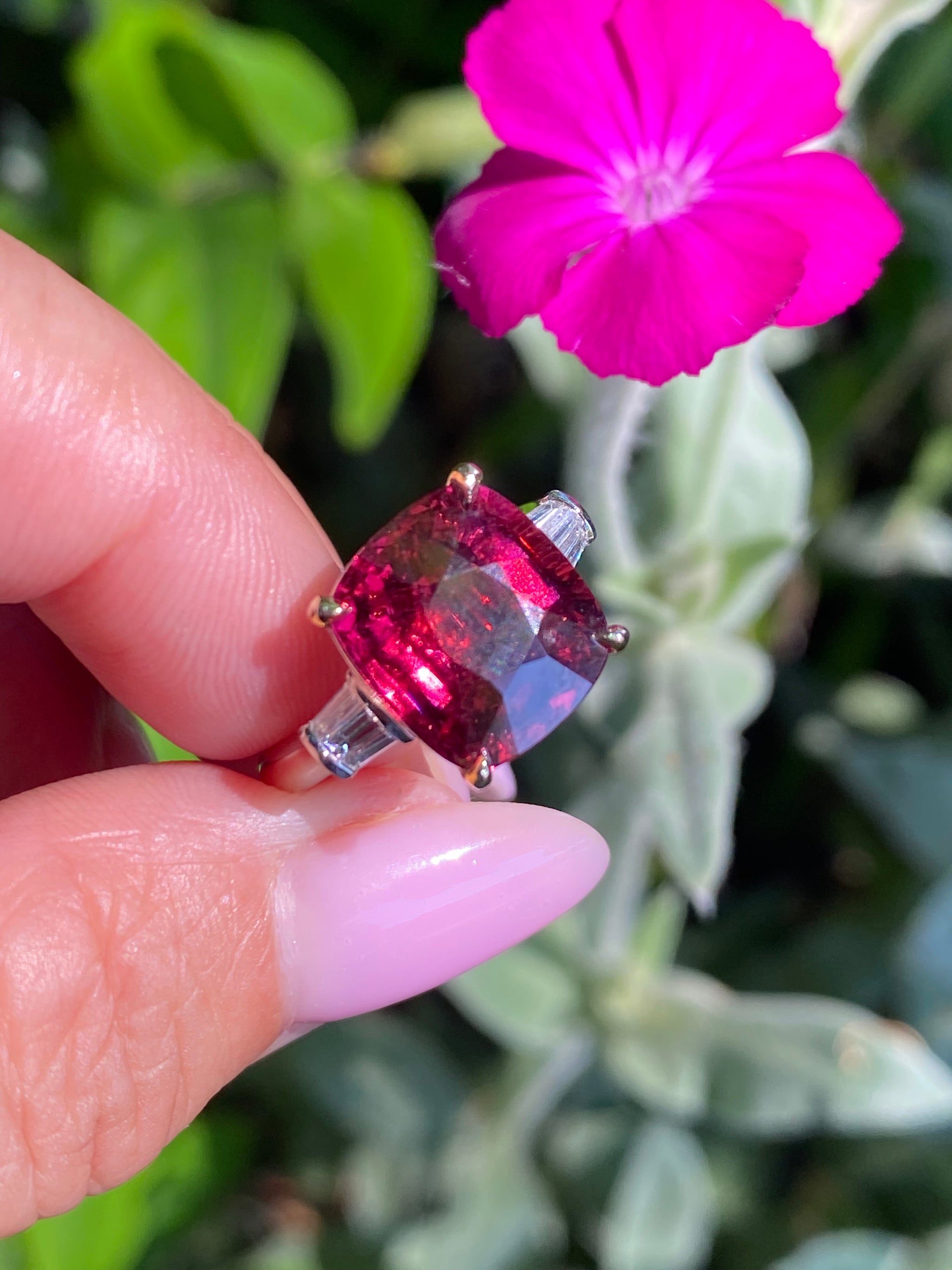 18K White Gold Natural Rubellite Tourmaline & Diamond Ring | 5.75ct Rubellite | Statement Cocktail Ring