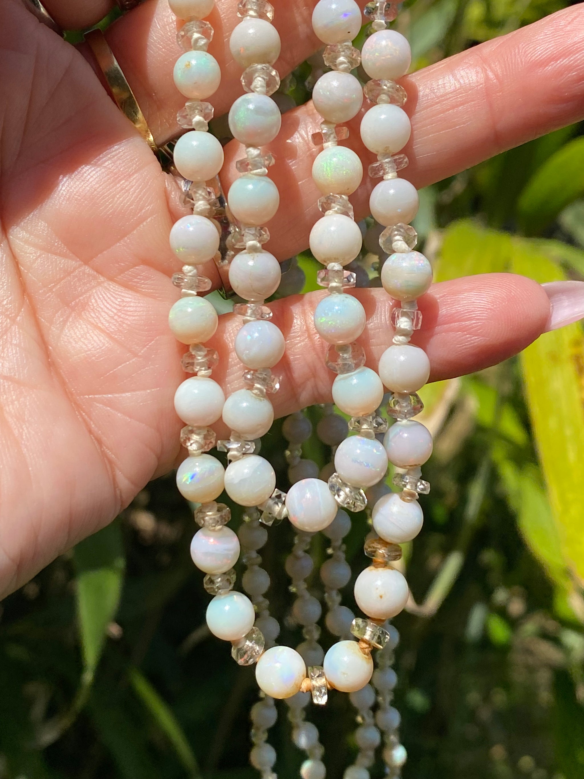 Vintage Natural Opal & Rock Crystal Double-Strand Necklace | Sterling Silver | Graduated Opal Beads