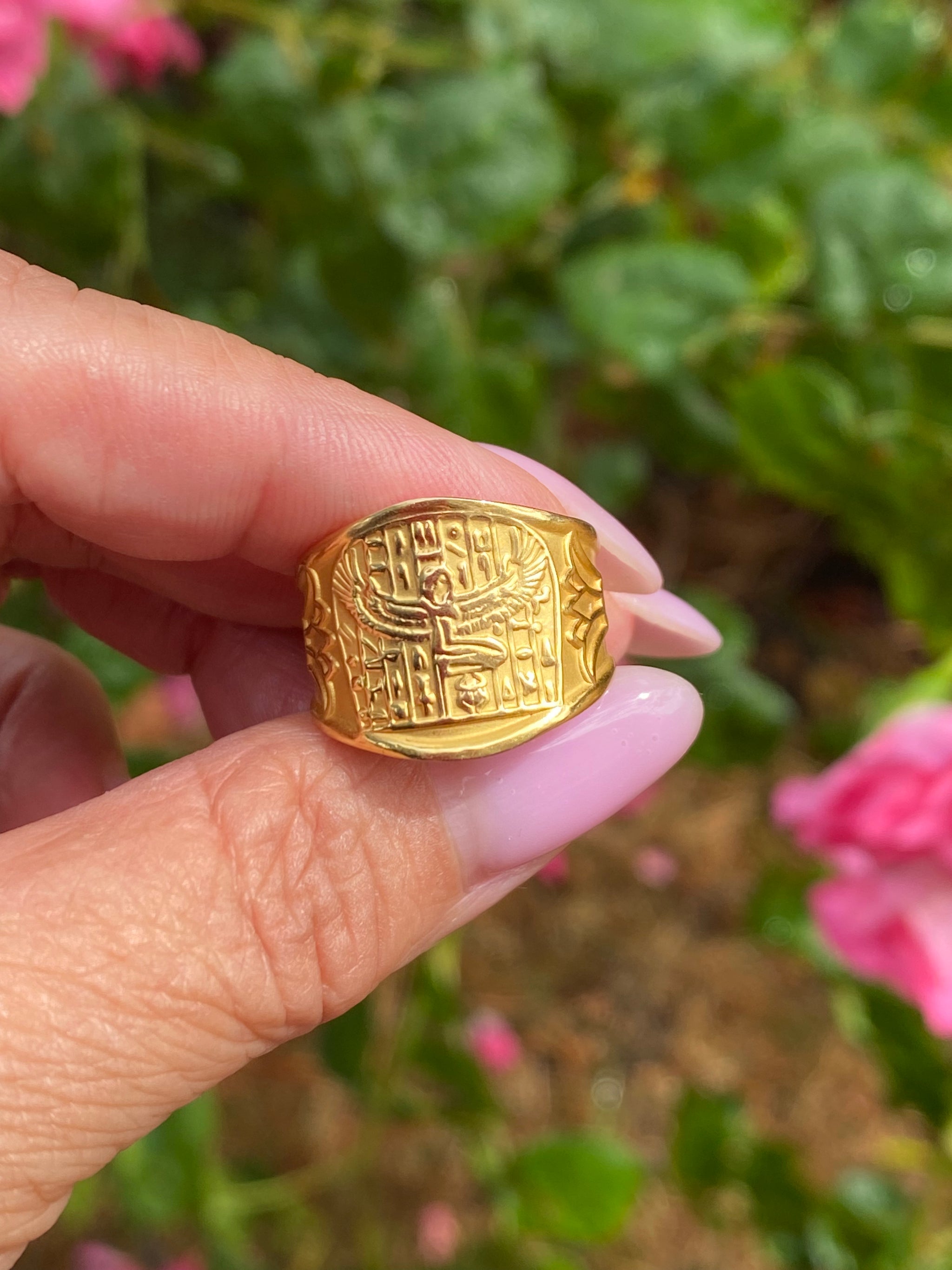 18K Gold Egyptian Revival Ring | Scarab & Hieroglyphics | Adjustable Open Ring | Vintage Gold Ring