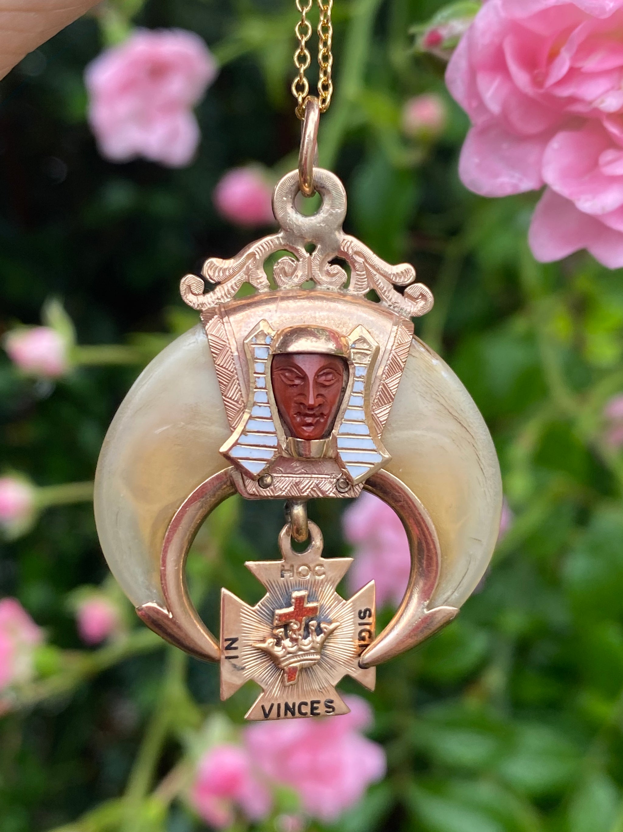 Victorian 9ct Gold Egyptian Revival Masonic Pendant  Carved Egyptian Head | In Hoc Signo Vinces | Hiram Abiff Symbolism