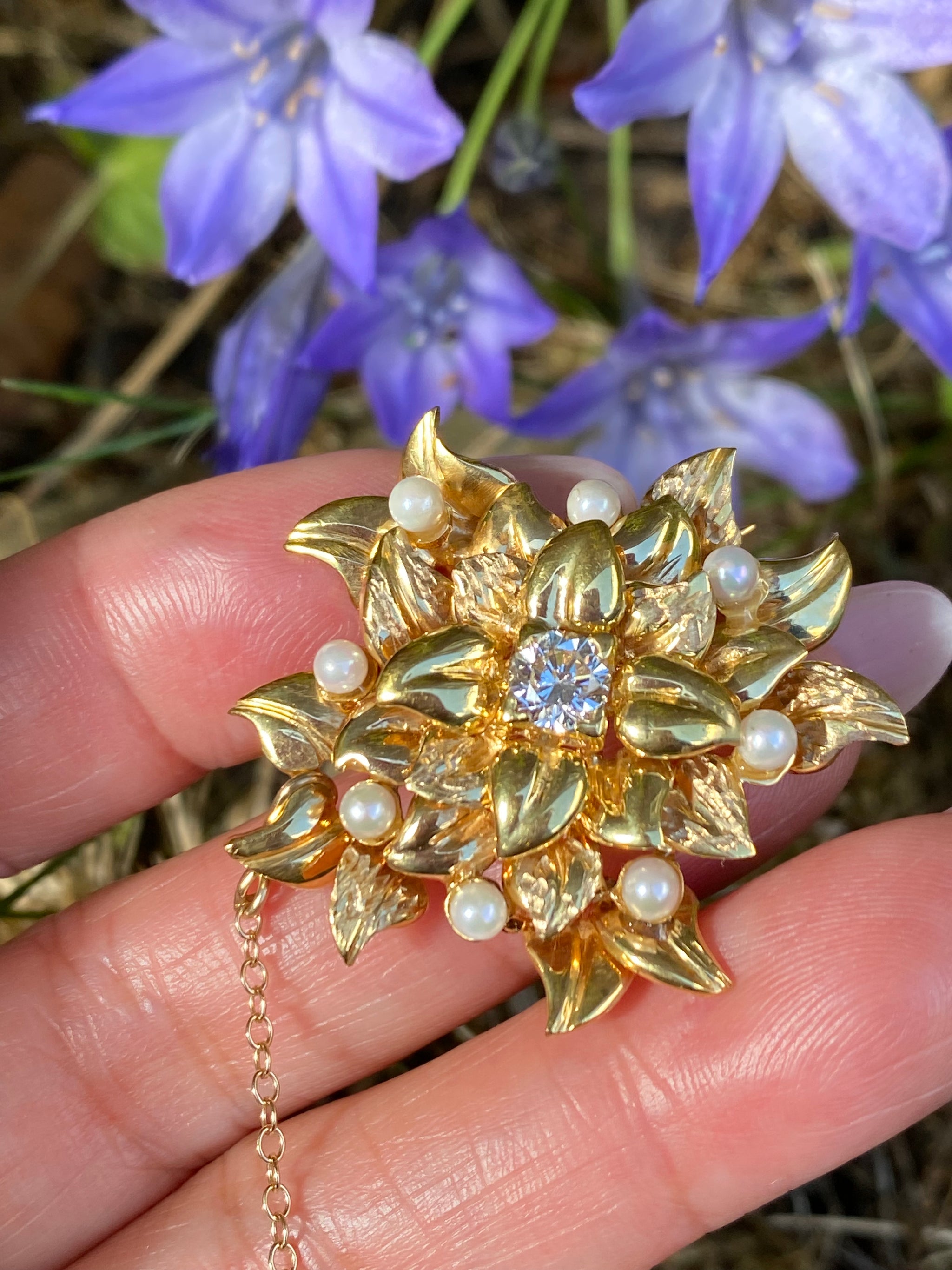 Vintage 18K Gold Diamond & Pearl Floral Brooch