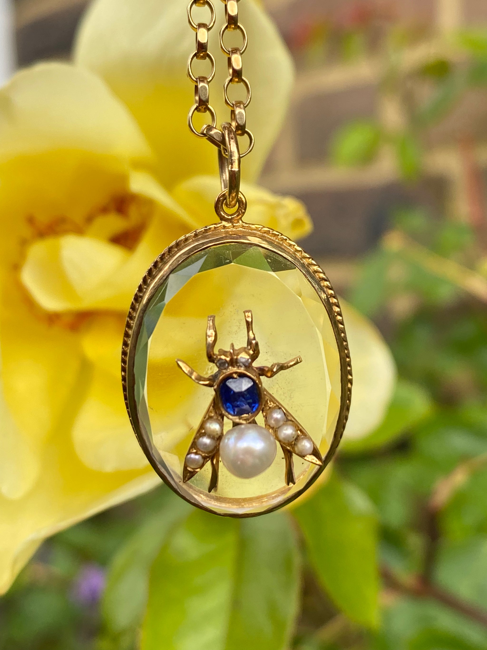 Victorian Fly Pendant | 15ct Gold, Sapphire, Pearl & Diamond | Rock Crystal Pendant with 9ct Gold Chain